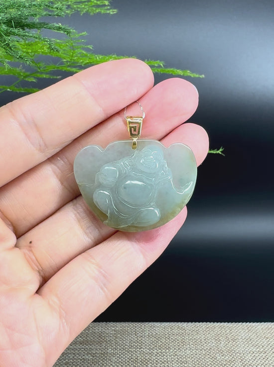 Load and play video in Gallery viewer, Burmese Green Jadeite Jade Happy Buddha Pendant With 18K Gold Bail
