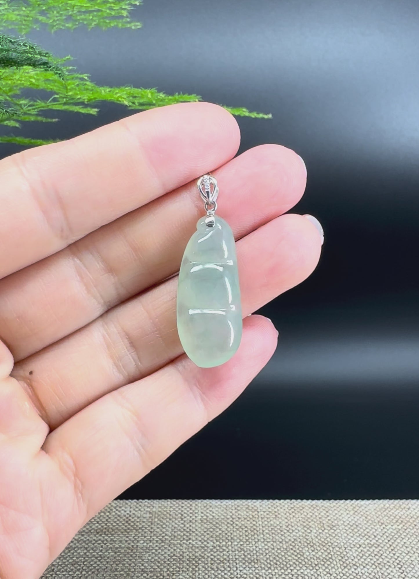 RealJade® Co. Genuine Icy Green  Jadeite Jade Bean Necklace With 18K White Gold Bail