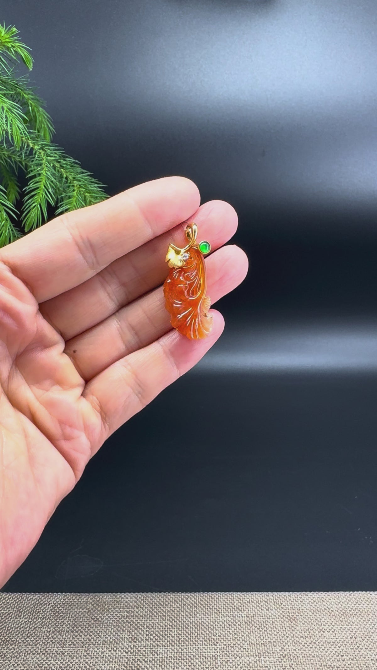RealJade® "Ginkgo Leaf" 18K Yellow Gold Red Jadeite Jade Pendant Necklace