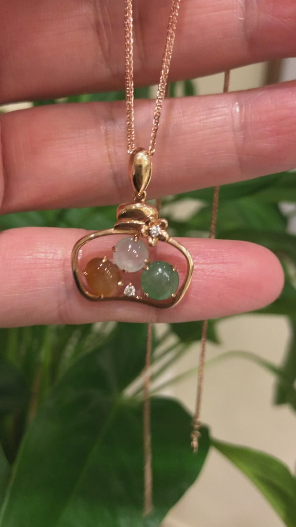 Load and play video in Gallery viewer, 18K Rose Gold &amp;quot;Lucky Goodie Bottle&amp;quot; Multi-Color Jadeite Jade Cabochon Necklace with Diamonds
