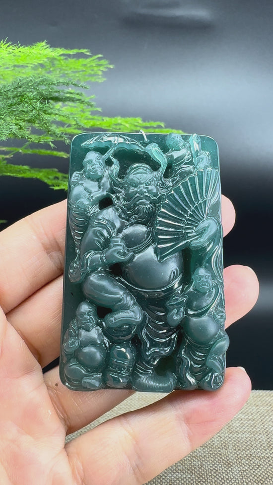 Load and play video in Gallery viewer, RealJade® Co. High Natural Guatemalan Blue Jadeite Jade Zhong Kui Pendant
