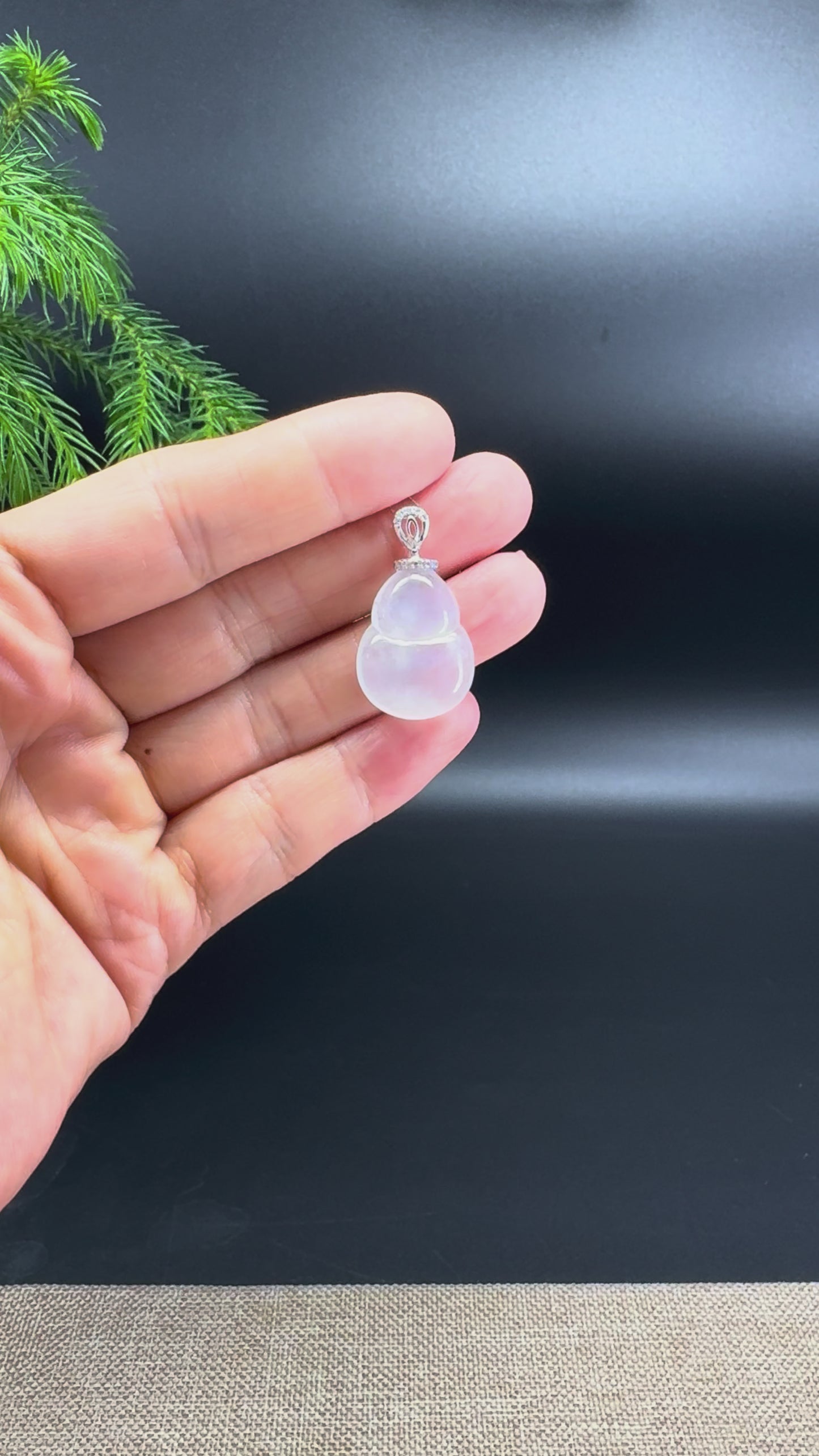 Genuine Icy Jadeite Jade Good Luck Hulu Necklace With 18K White Gold Diamonds Bail