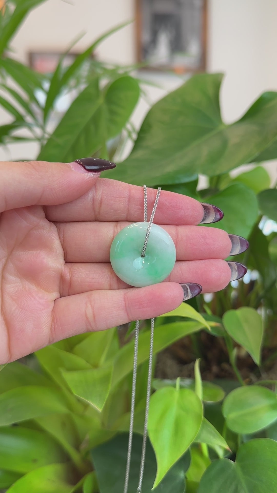 Load and play video in Gallery viewer, RealJade® Co. RealJade® Co. &amp;quot;Good Luck Button&amp;quot; Necklace White Green Jadeite Jade Lucky Ping An Kou Pendant
