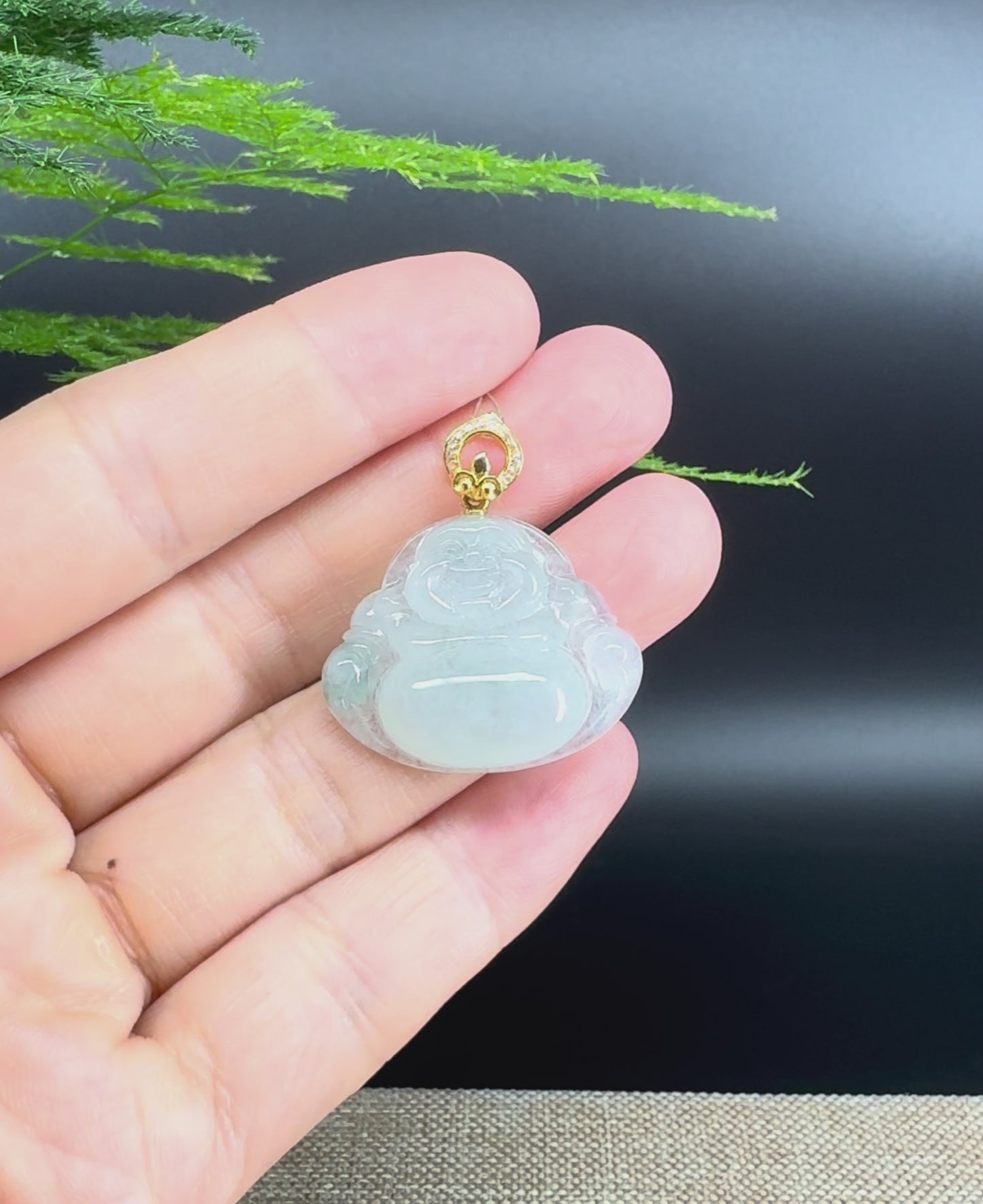 Load and play video in Gallery viewer, 18K Yellow Gold Burmese Icy Green Jadeite Jade Happy Buddha Pendant
