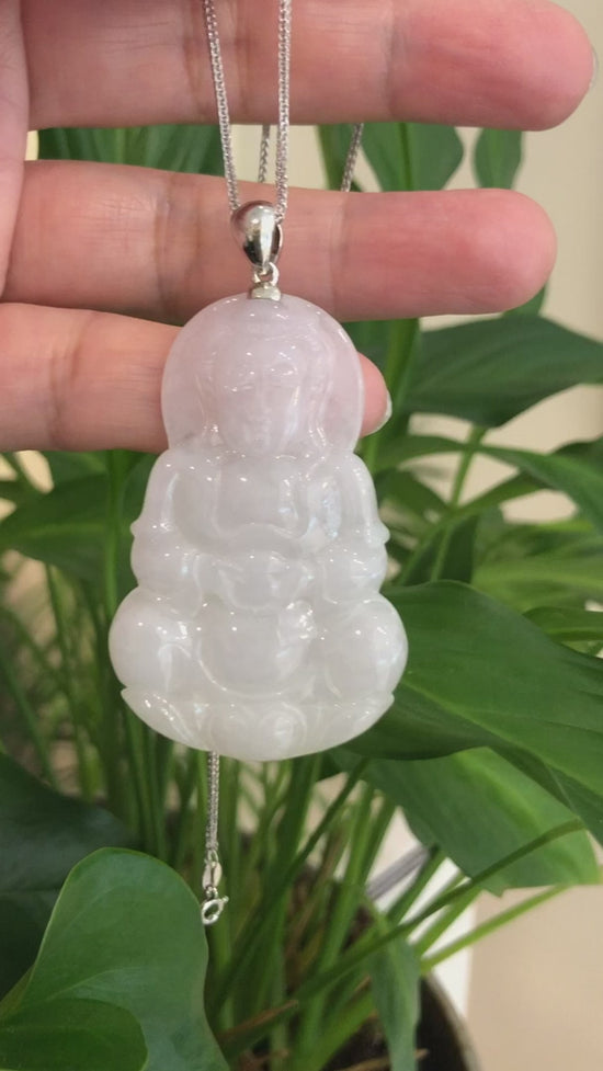 Load and play video in Gallery viewer, Genuine Burmese Lavender Jadeite Jade Guanyin Pendant Necklace

