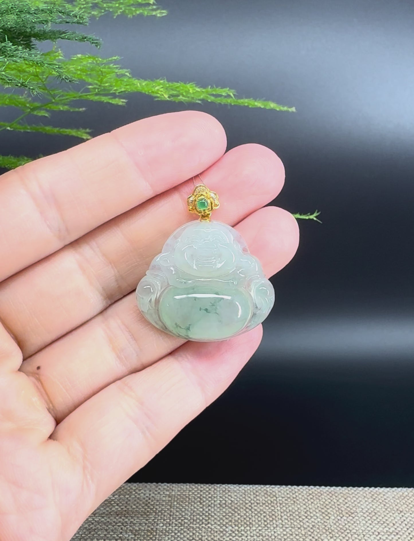 18K Yellow Gold Burmese Light Green Flower Jadeite Jade Happy Buddha Pendant
