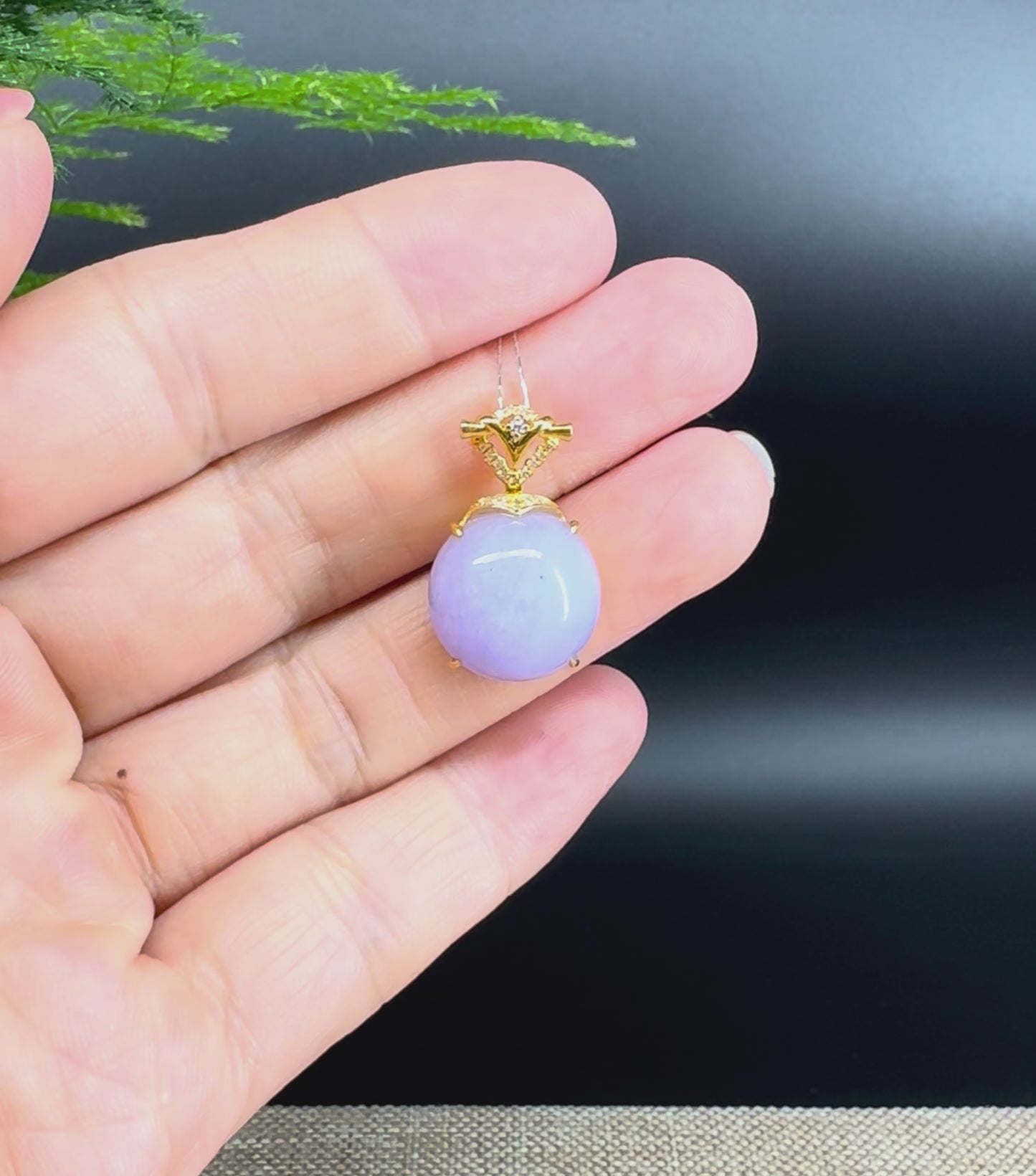 Load and play video in Gallery viewer, RealJade® Co. Luxury Genuine Lavender Jadeite Jade Cabochon Necklace With 18K Yellow Gold Bail

