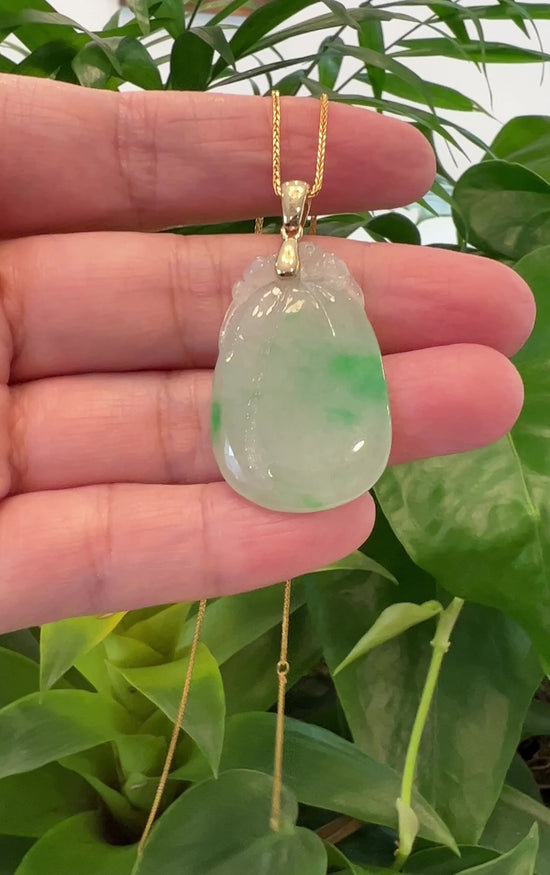 Load and play video in Gallery viewer, Natural Ice Lavender Jadeite Jade Shou Tao ( Longevity Peach ) Necklace With 14k Yellow Gold Bail
