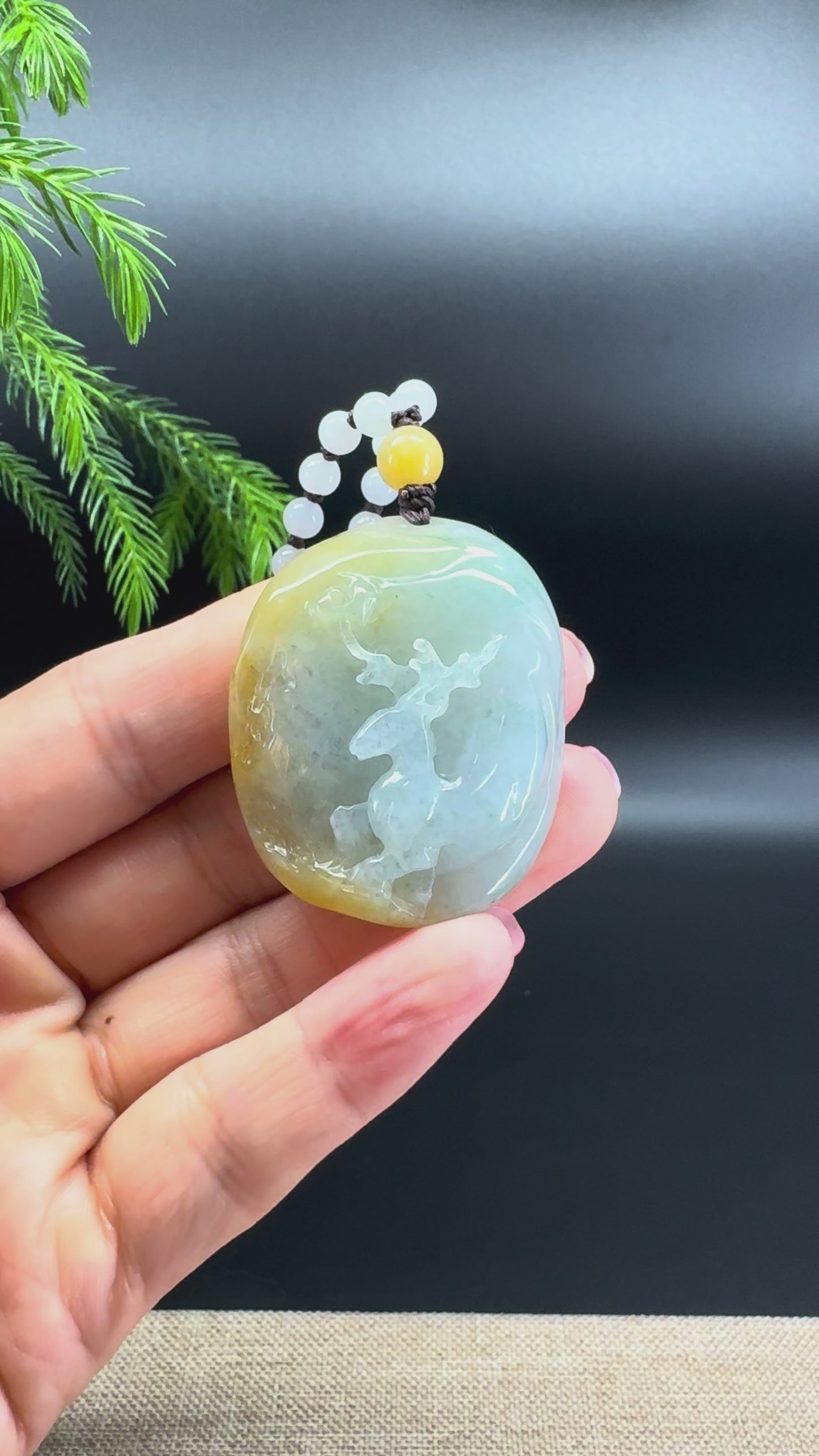 Load and play video in Gallery viewer, RealJade® Co.Natural Yellow Blue Green Jadeite Jade Sika Deer Pendant
