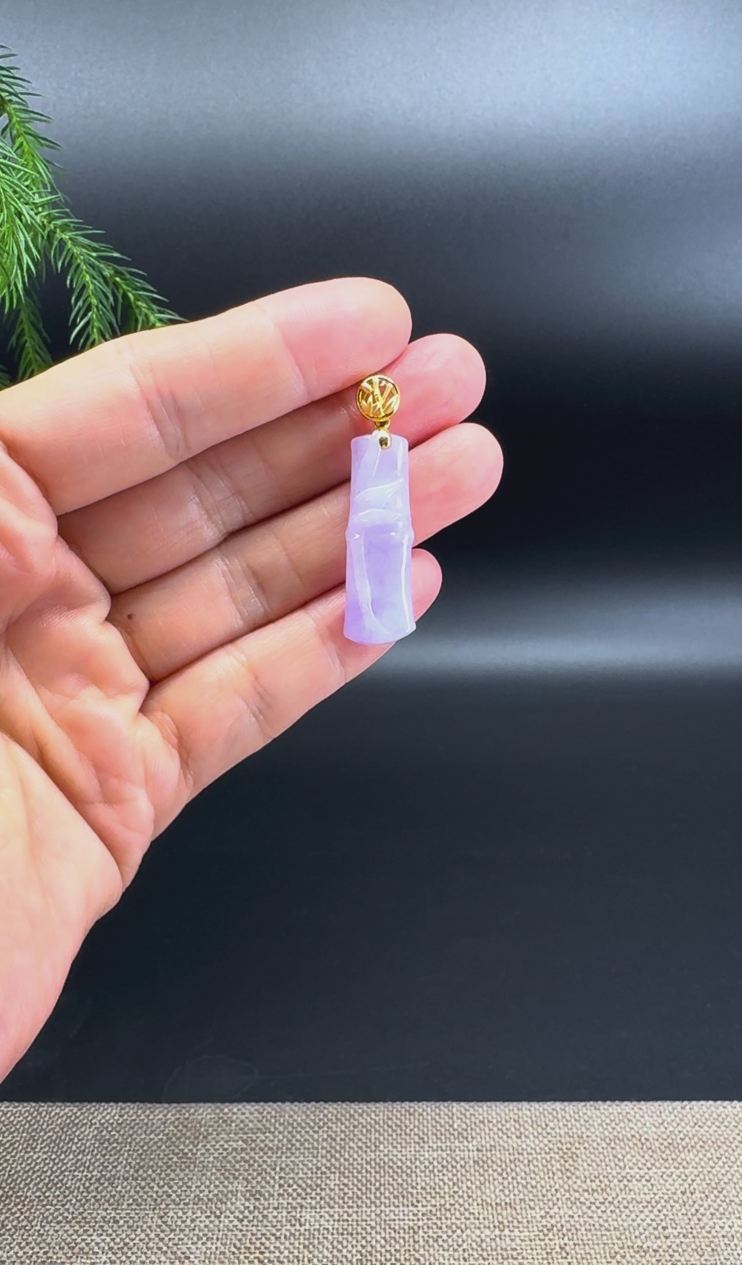 18k Yellow Gold Genuine Burmese Light Lavender Jadeite Jade Bamboo Pendant Necklace