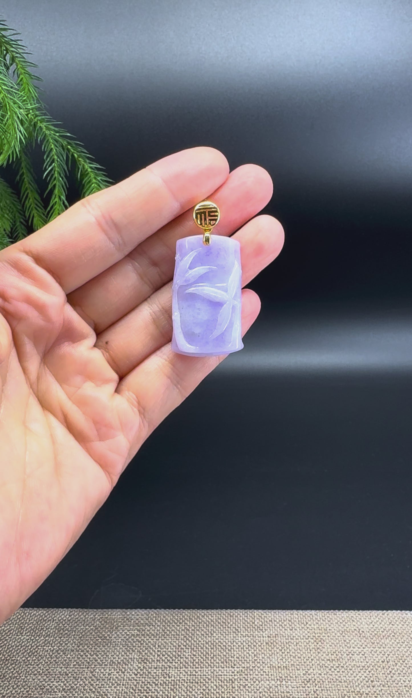 RealJade® Co. 18k Yellow Gold Genuine Burmese Lavender Jadeite Jade Bamboo Pendant