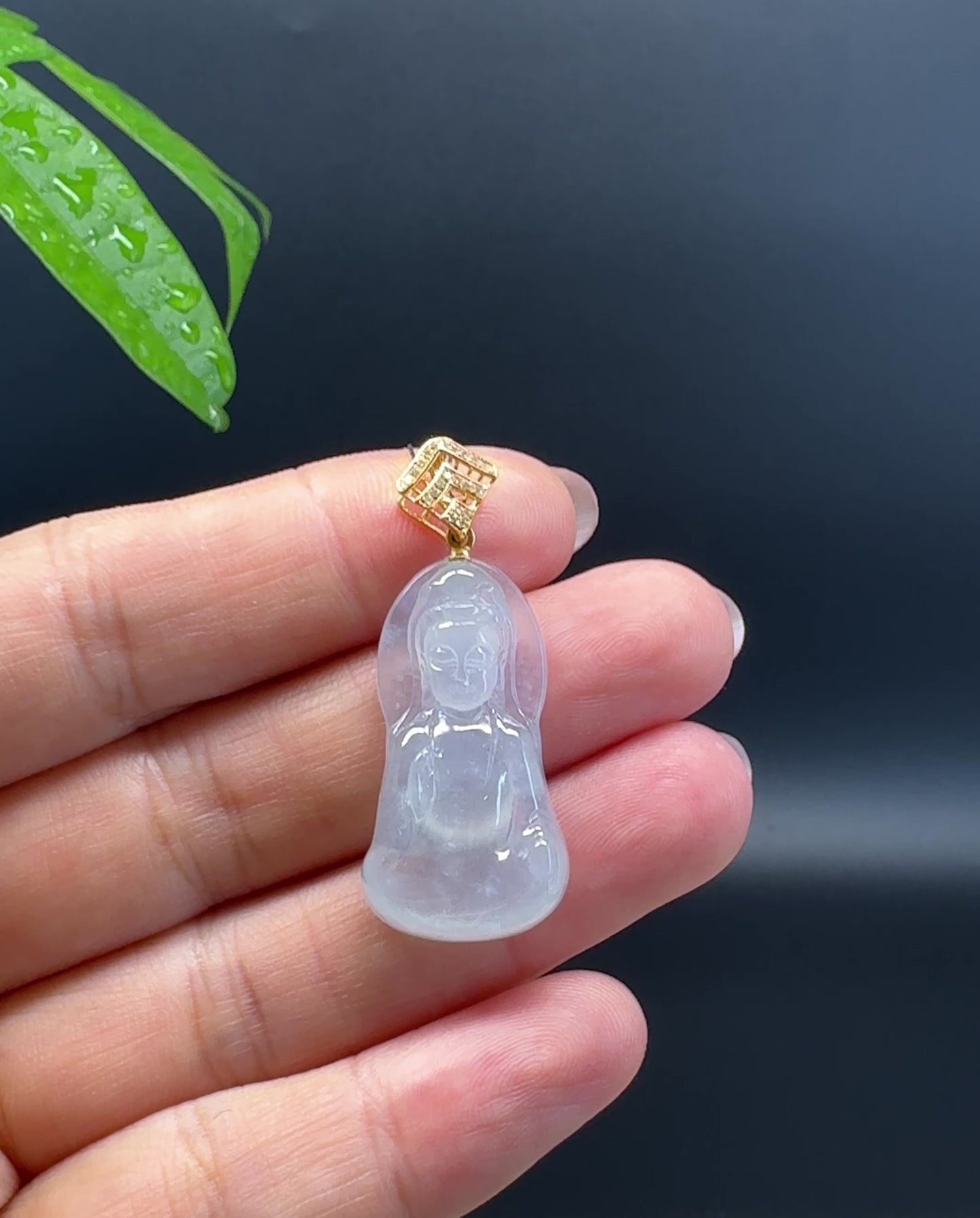 18K Yellow Gold Burmese Icy Jadeite Jade Guanyin Pendant with Diamond
