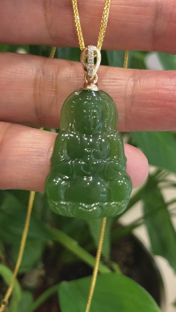 Load and play video in Gallery viewer, RealJade® 14K Yellow Gold Genuine Nephrite Green Jade Guanyin Pendant Necklace
