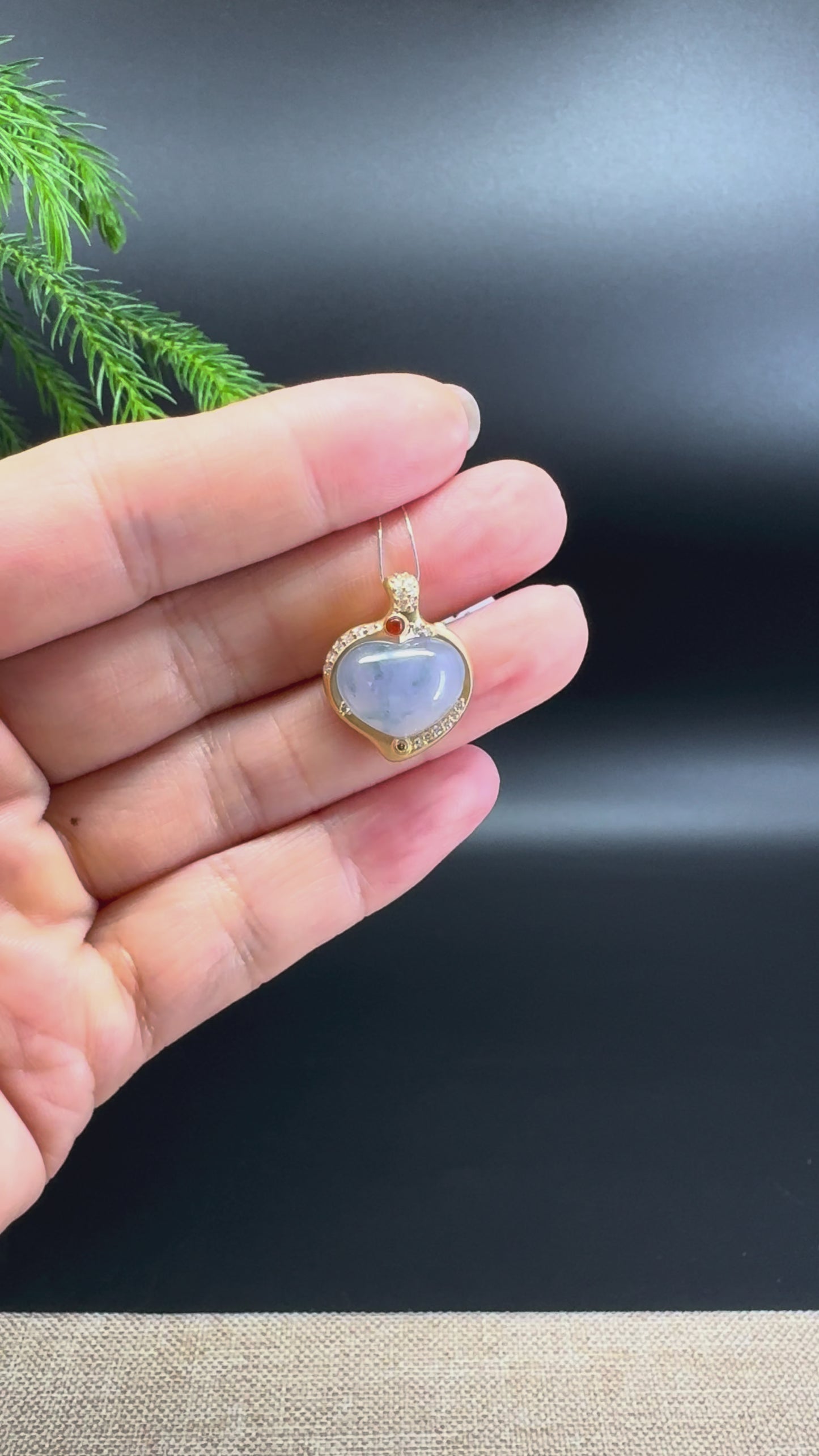RealJade® Co. 18K Yellow Gold Genuine Burmese Blue Lavender Jadeite Shou Tao Pendant