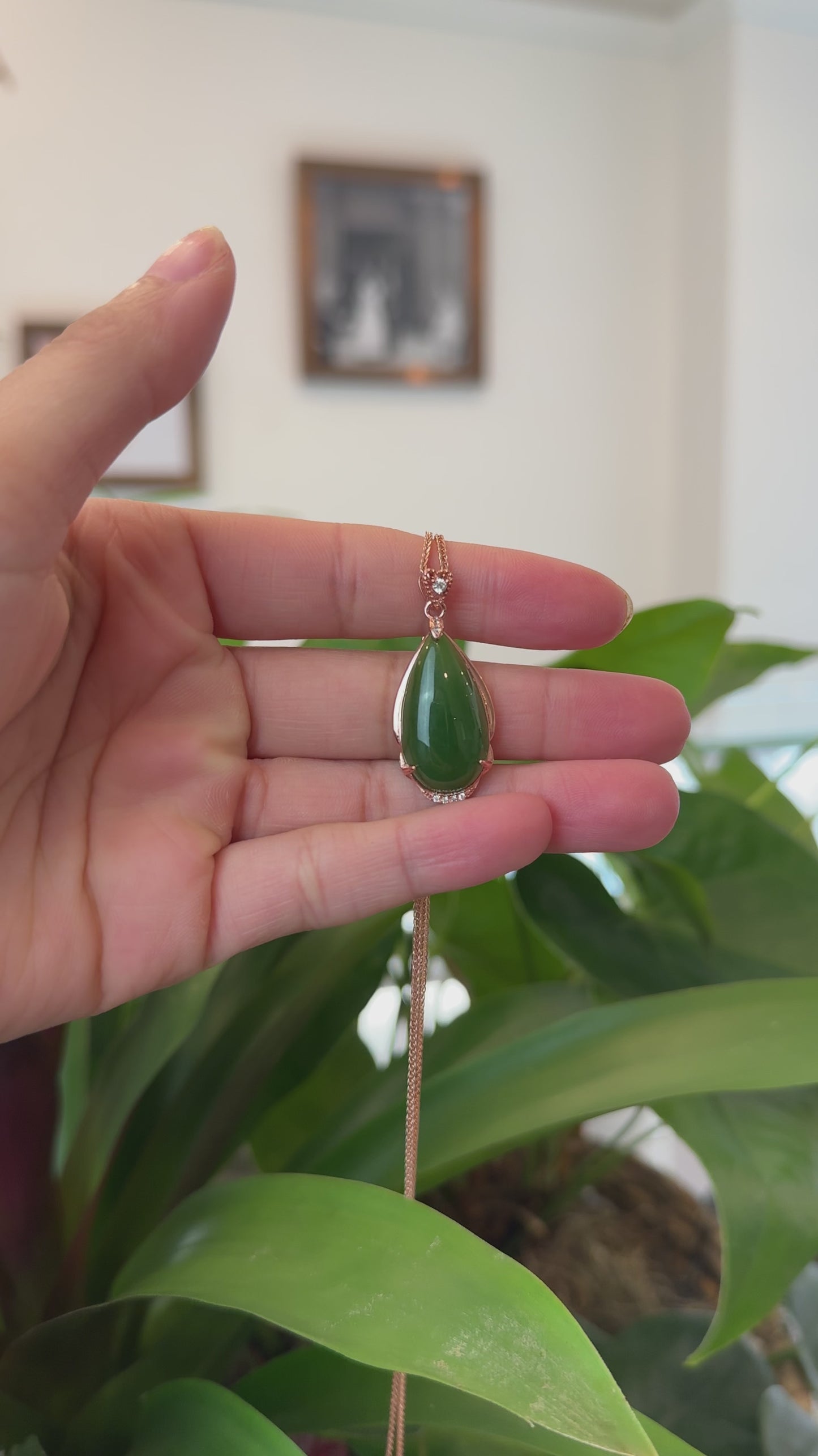 Load and play video in Gallery viewer, RealJade® Co. Tear-Drop Nephrite Jade Necklace Pendant with 18k Rose Gold Plated
