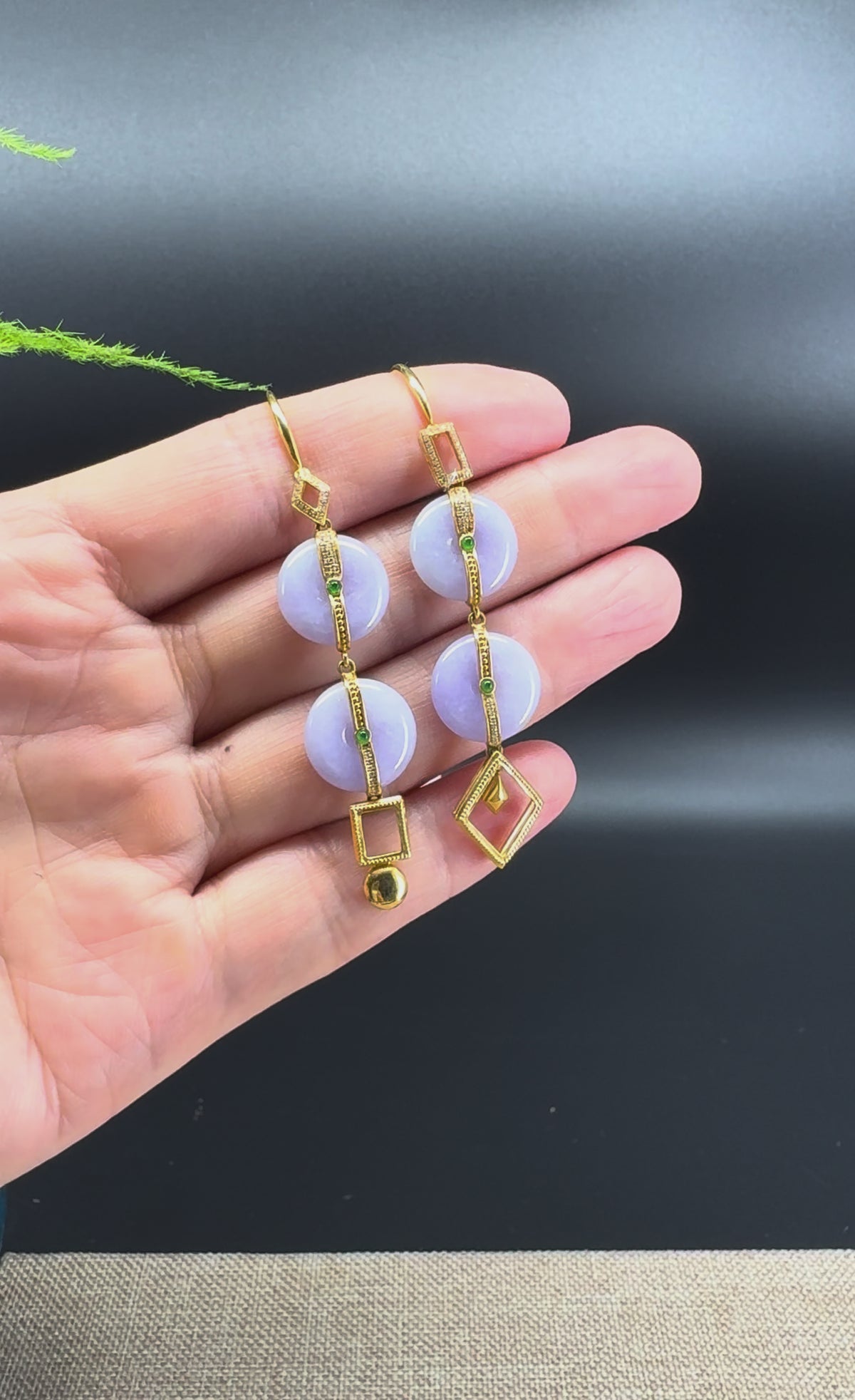18k Yellow Gold Genuine Lavender Jadeite Jade KouKou Earrings With Diamonds