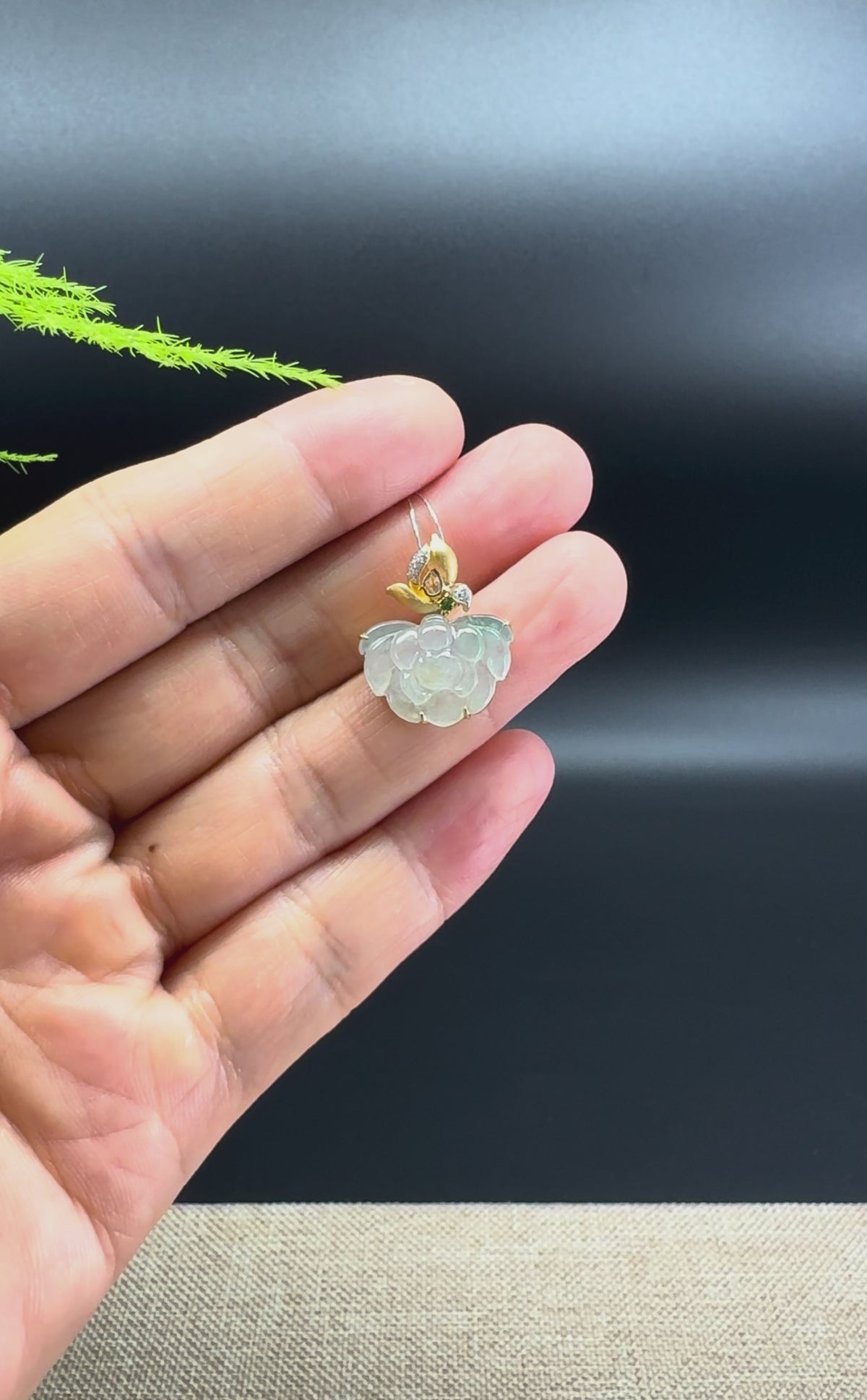 Natural 18K Yellow Gold Burmese Icy Green Jadeite Jade Lotus Flower Pendant With Diamonds