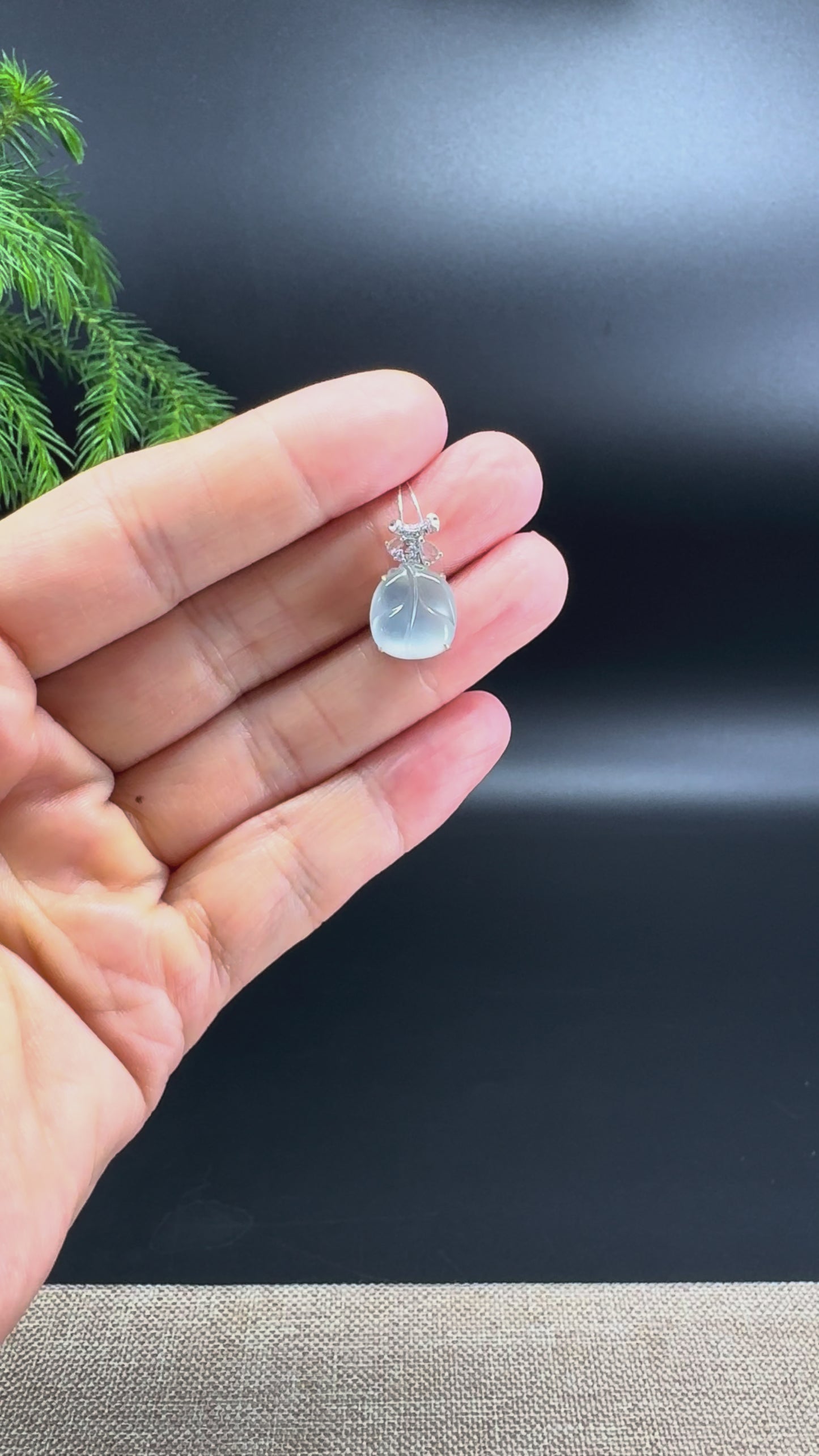 RealJade® Co. Genuine Icy Jadeite Jade Jin Zhi Yu Ye (Mini Leaf) Necklace With 18K White Gold Diamonds Bail