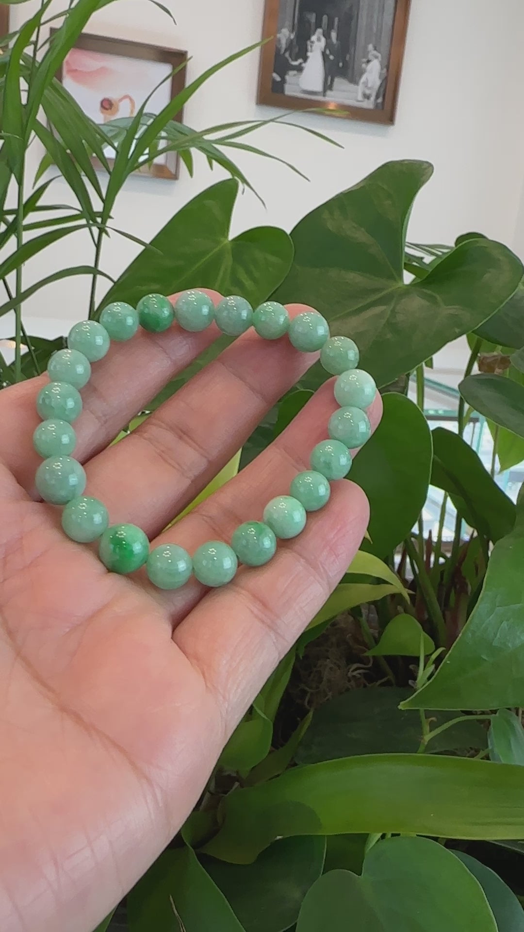 Load and play video in Gallery viewer, Natural Jadeite Jade Green Round Beads Bracelet ( 8.5 mm )
