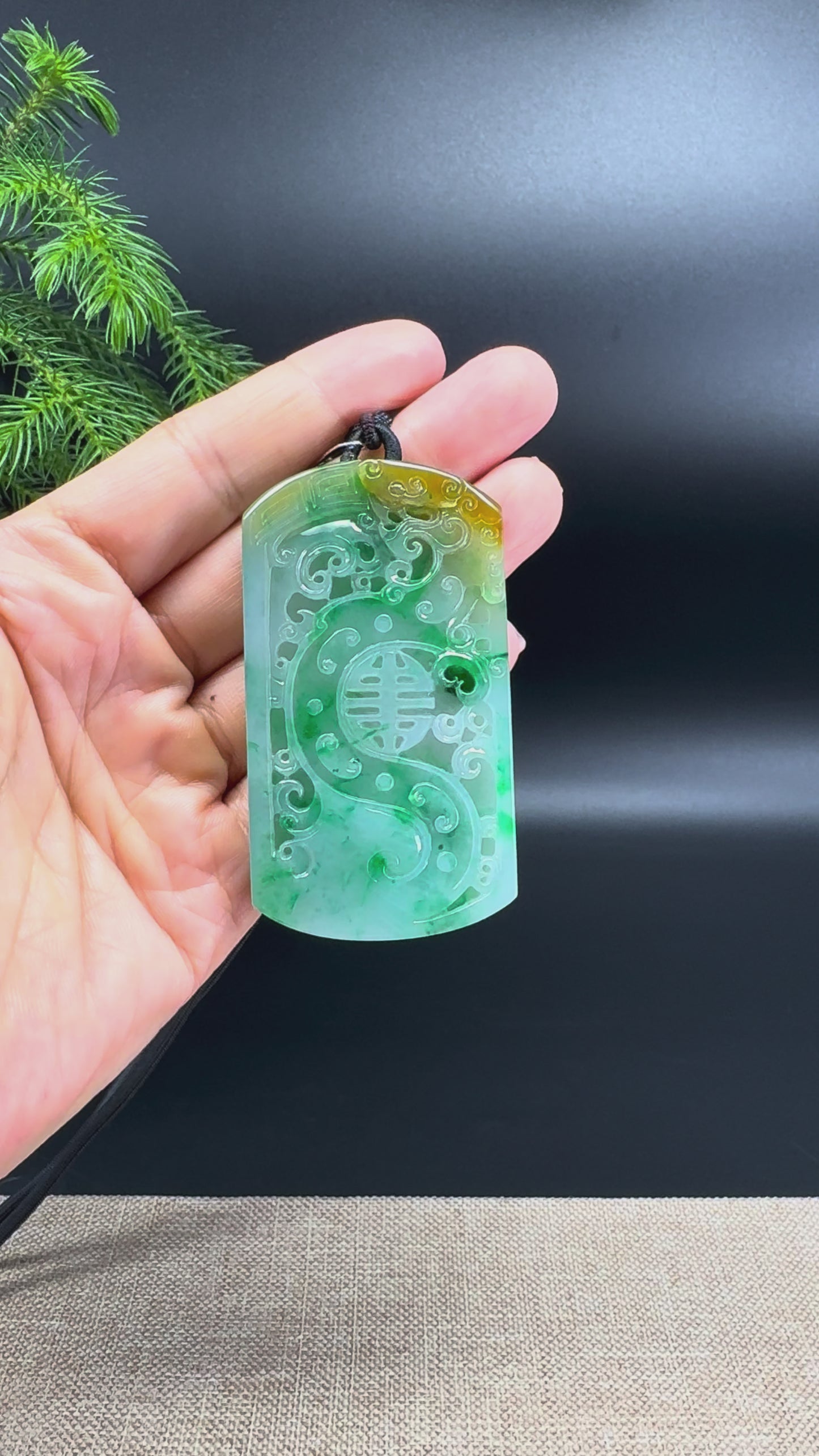 RealJade® Co.Natural Yellow Green Jadeite Jade Dragon & Phoenix Pendant