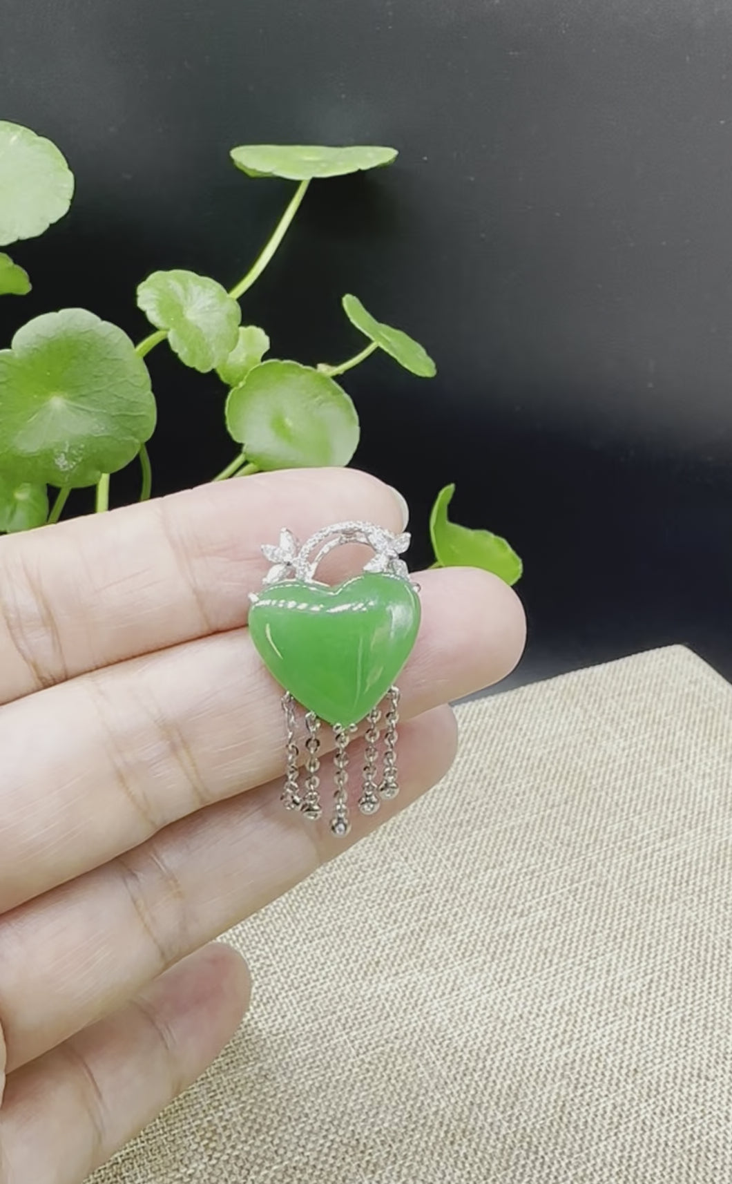 Load and play video in Gallery viewer, RealJade® Co. 18K White Gold Genuine Burmese Imperial Jadeite Heart Pendant with Diamonds High Jewelry
