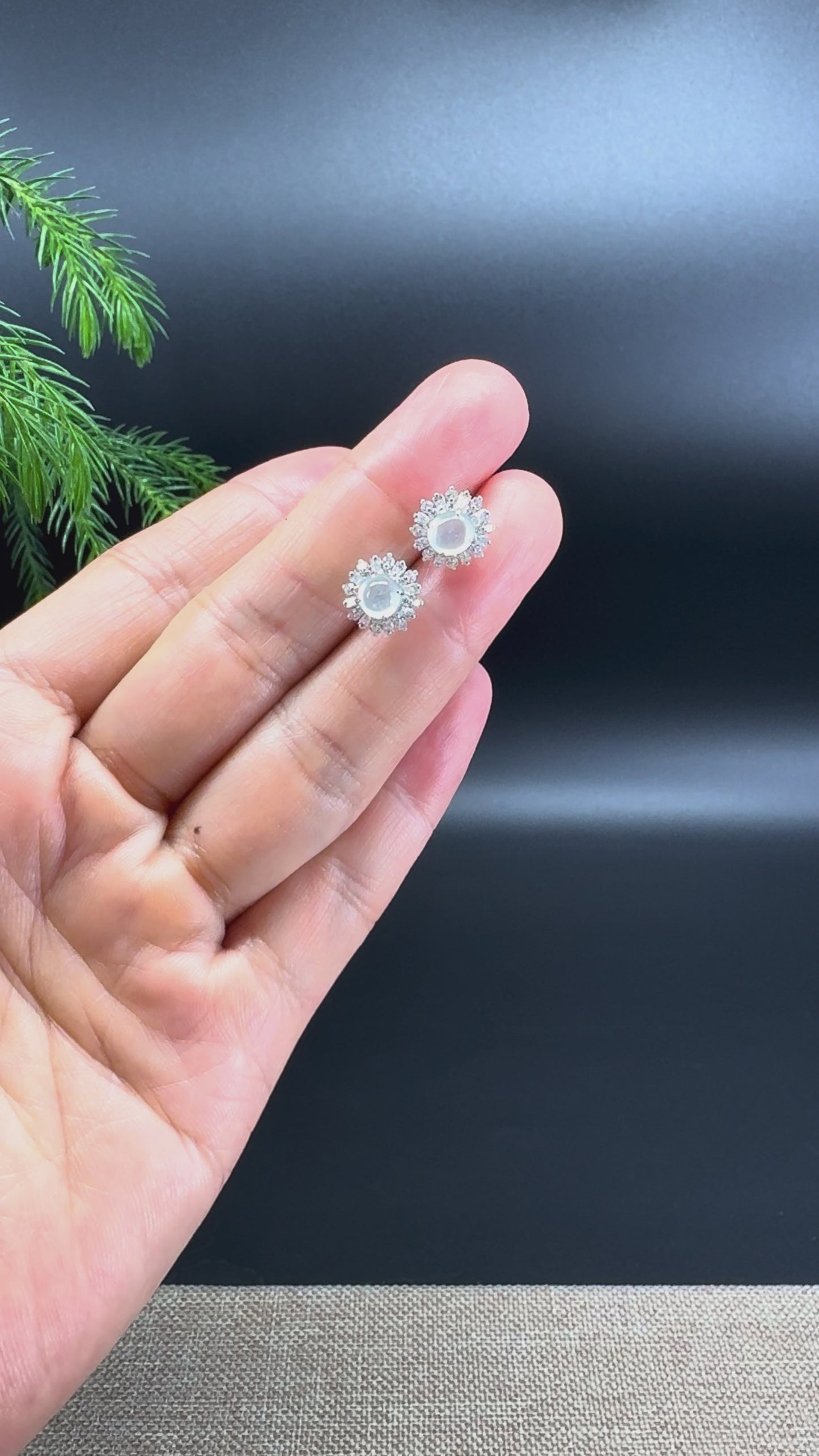 RealJade® 18k White Gold Icy Jadeite Jade Stud Earrings With Diamonds