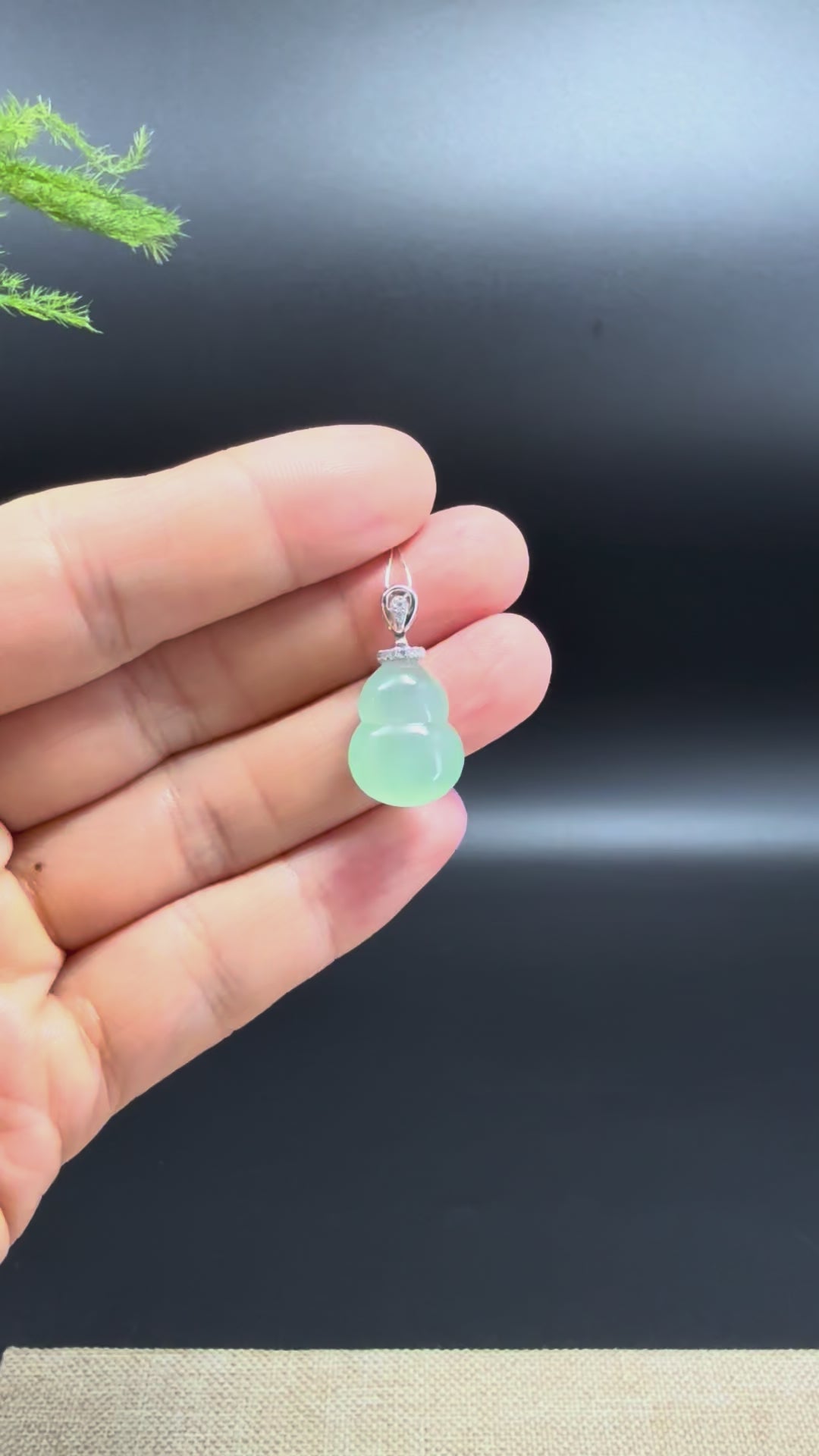 Load and play video in Gallery viewer, Genuine Icy Green Jadeite Jade Good Luck Hulu Necklace With 18K White Gold Diamonds Bail

