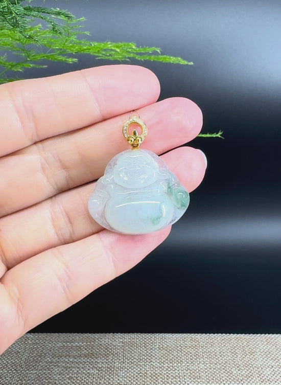 Load and play video in Gallery viewer, 18K Yellow Gold Burmese Icy Green Jadeite Jade Happy Buddha Pendant
