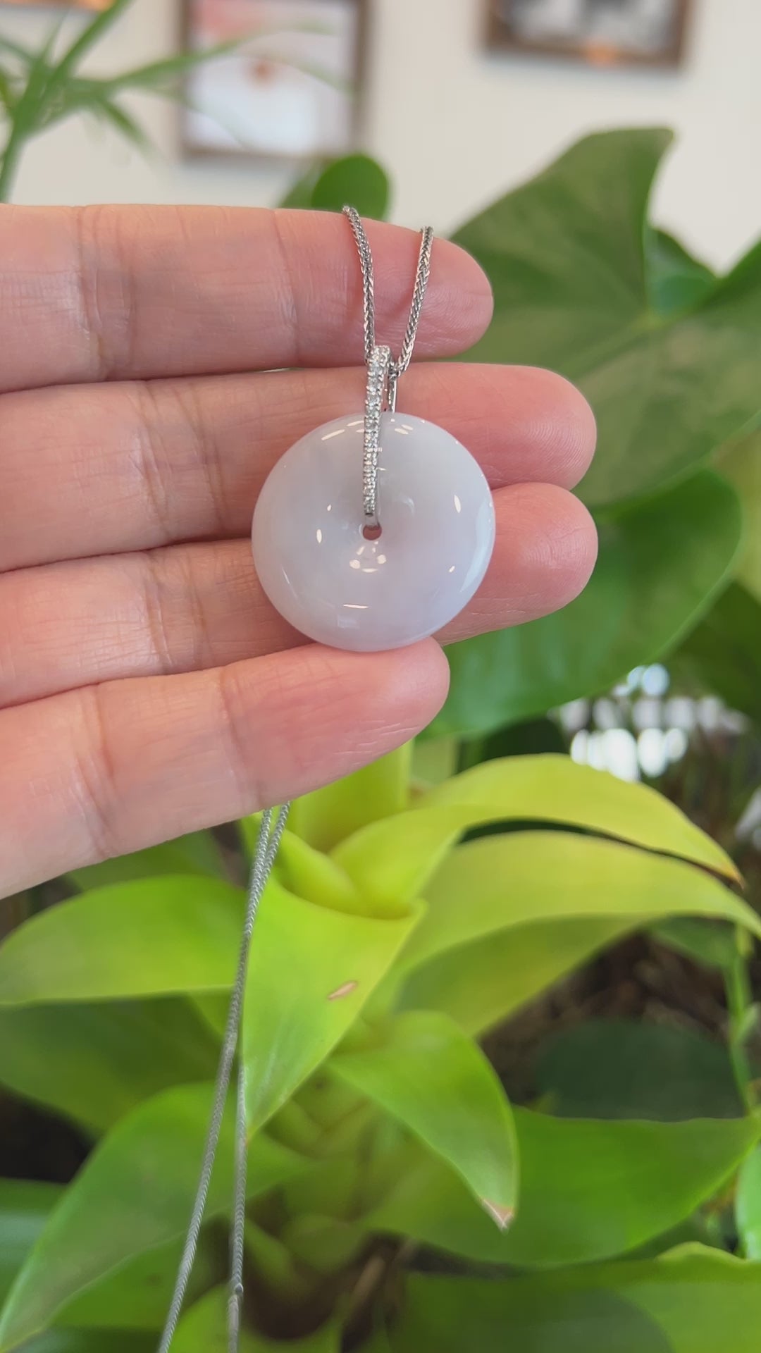 Load and play video in Gallery viewer, 14K White Gold &amp;quot;Good Luck Button&amp;quot; Necklace Ice Lavender Jadeite Jade Pendant Necklace
