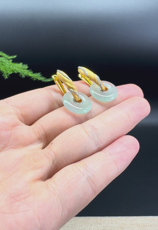 Load and play video in Gallery viewer, 18k Yellow Gold Genuine Icy Green Koukou Jadeite Jade Diamonds Earrings

