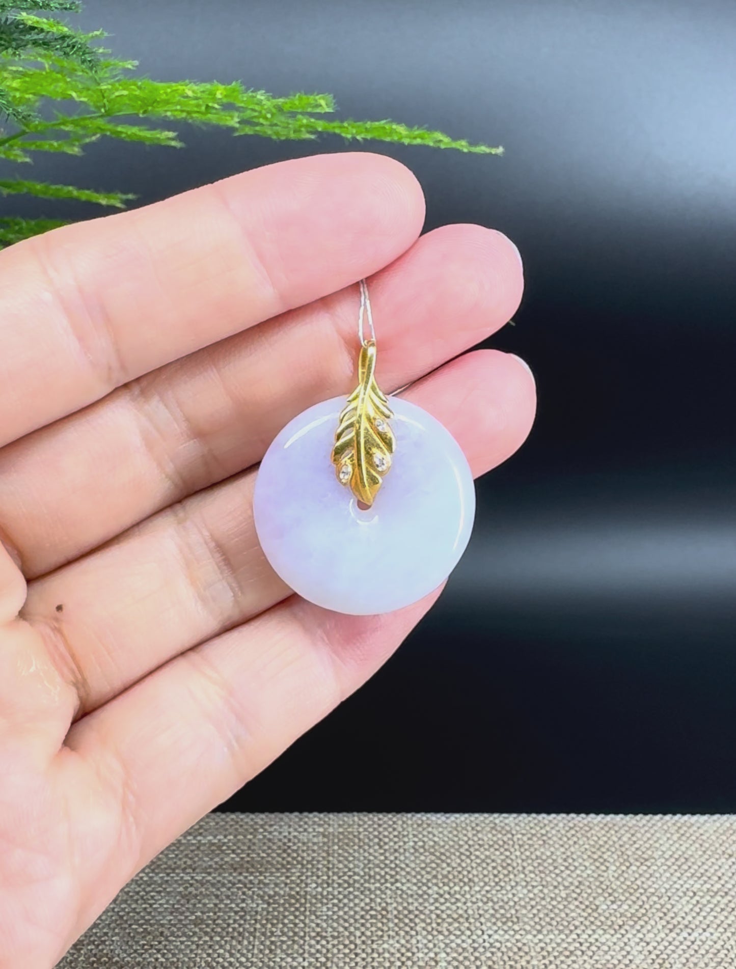 Load and play video in Gallery viewer, &amp;quot;Good Luck Button&amp;quot;Lavender Jadeite Jade Lucky KouKou Pendant With 18K Yellow Gold  Bail
