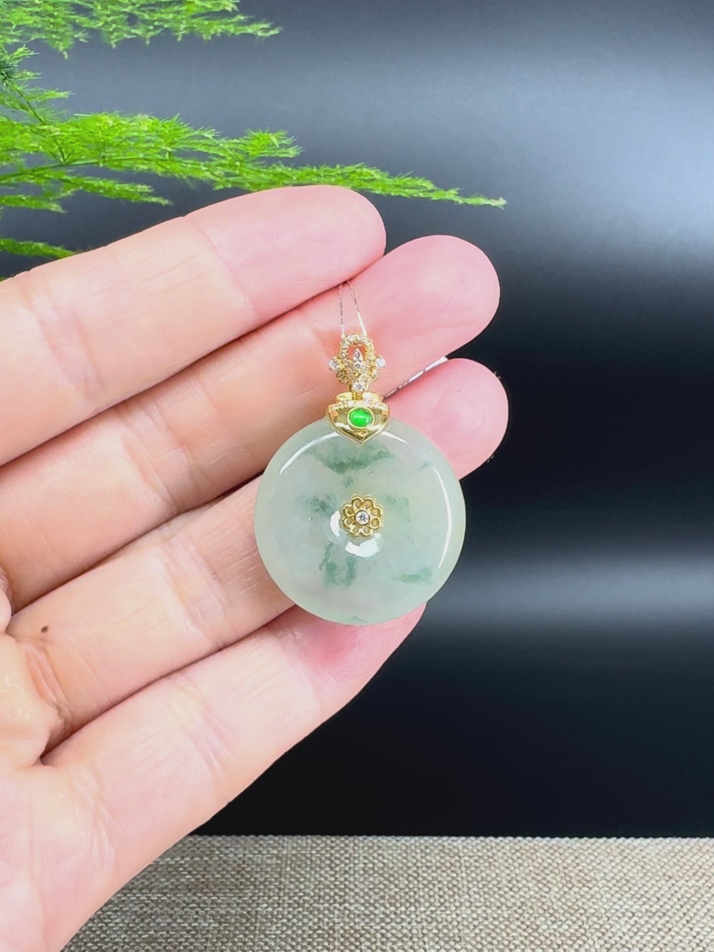 "Good Luck Button" icy Green Jadeite Jade Lucky KouKou Pendant With 18K Yellow Gold Bail