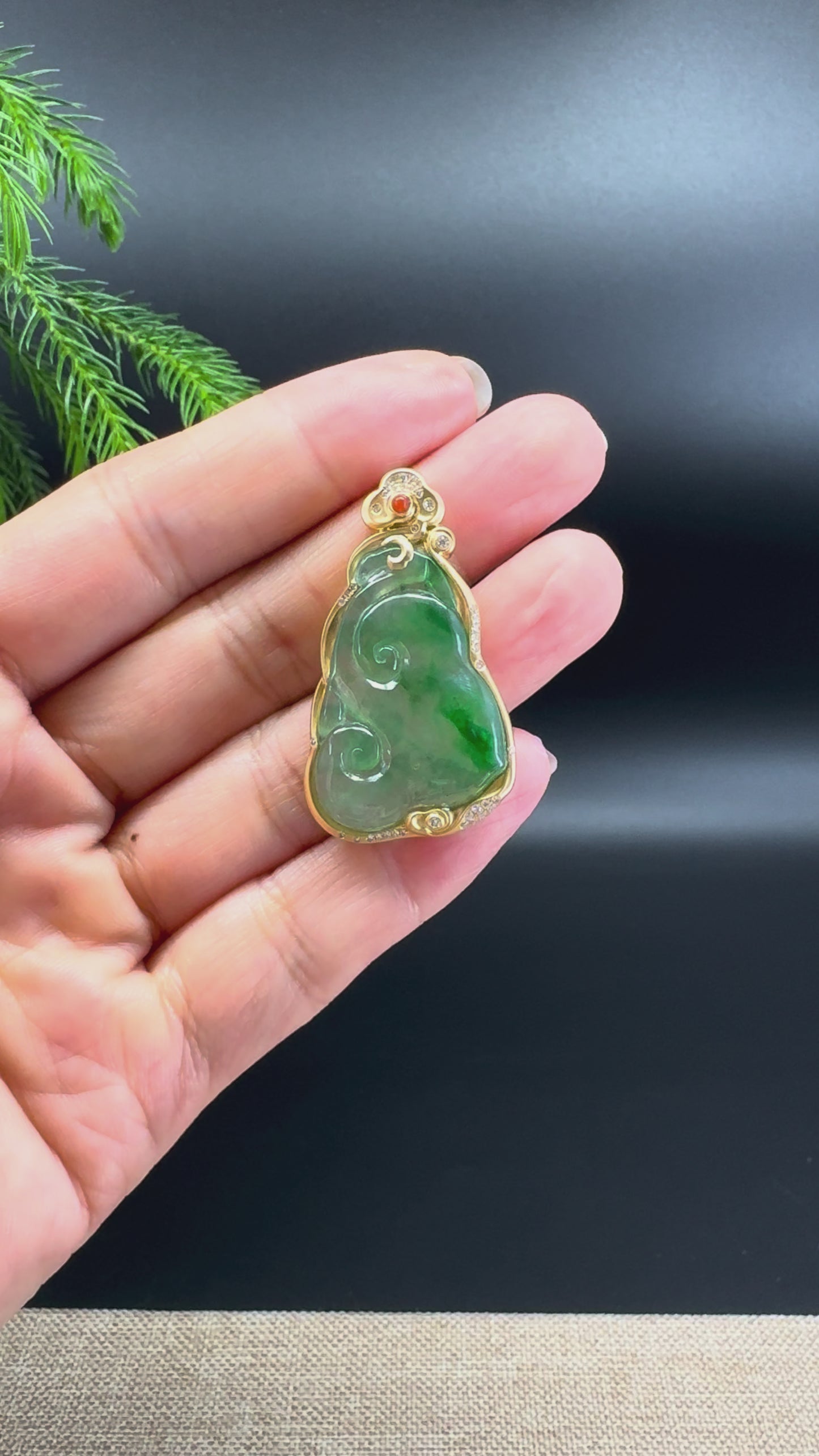 RealJade® Co. Genuine Green Jadeite Jade Ru Yi Pendant with 18k Yellow Gold Diamond Bail