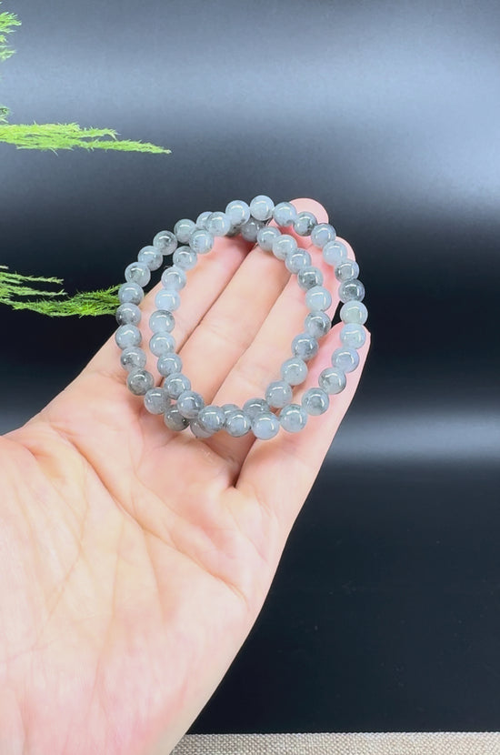 Load and play video in Gallery viewer, Natural Jadeite Jade  Round Icy Wuji Black Beads Bracelet ( 6.5mm )
