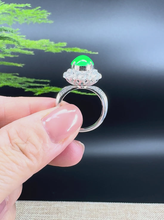Load and play video in Gallery viewer, RealJade® &amp;quot;Amelie&amp;quot; 18k White Gold Natural Imperial Green Jadeite Engagement Ring With Diamonds
