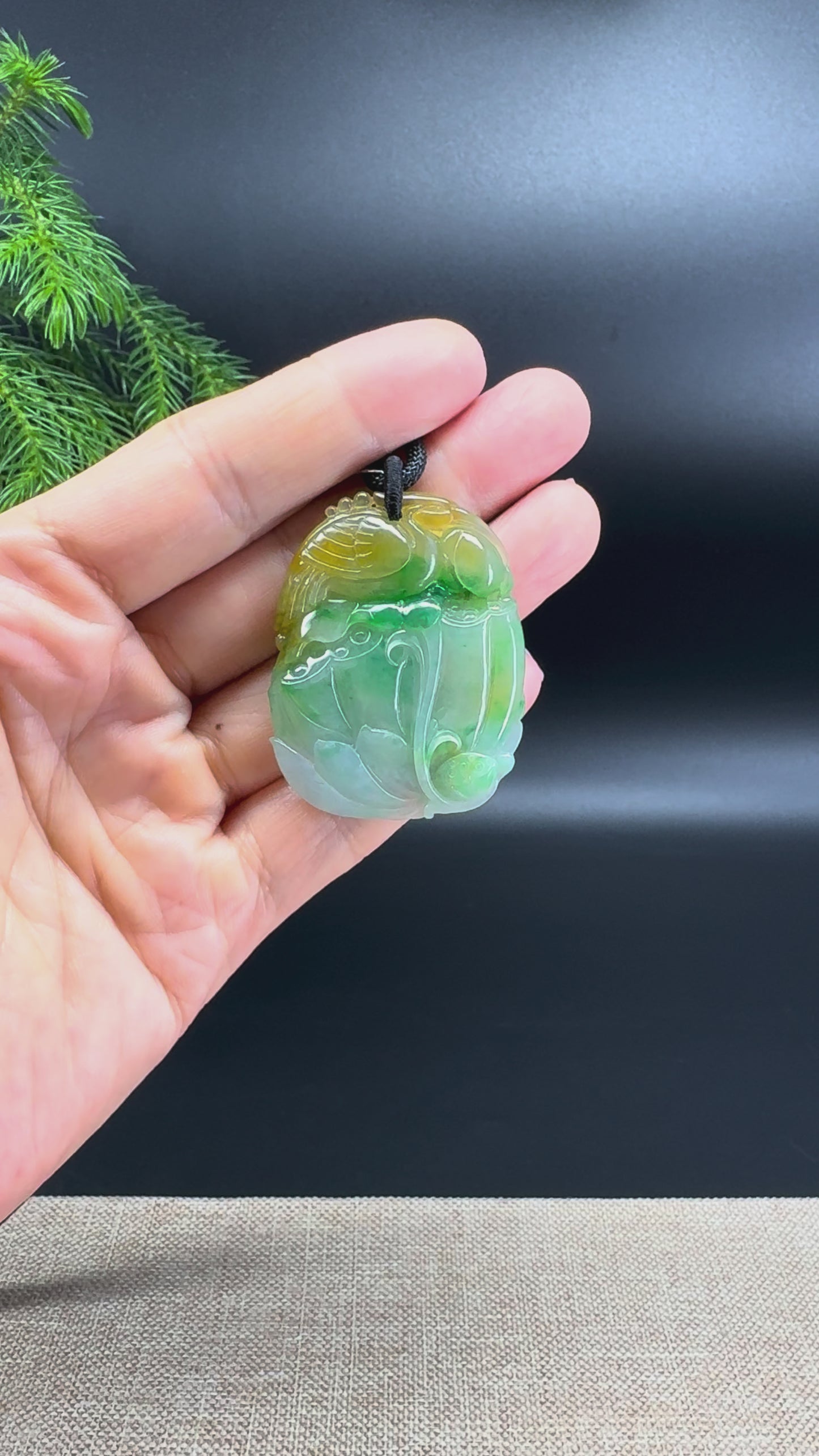 RealJade® Co. Natural Yellow & Green Jadeite Jade Heron & Lotus Pendant