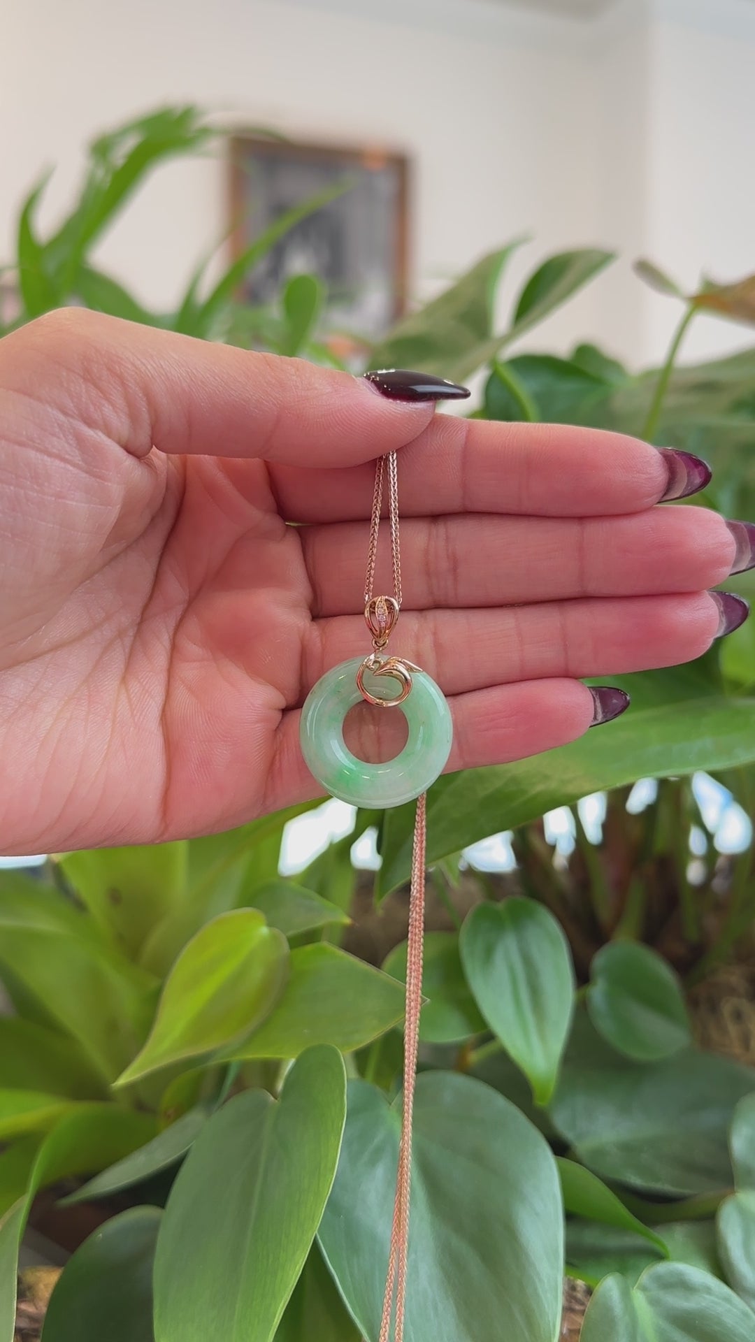 Load and play video in Gallery viewer, RealJade® Co. RealJade® Co. &amp;quot;Good Luck Birdie&amp;quot; 18k Rose Gold Genuine Burmese Jadeite Lucky Kou Kou Pendant Necklace With Diamond
