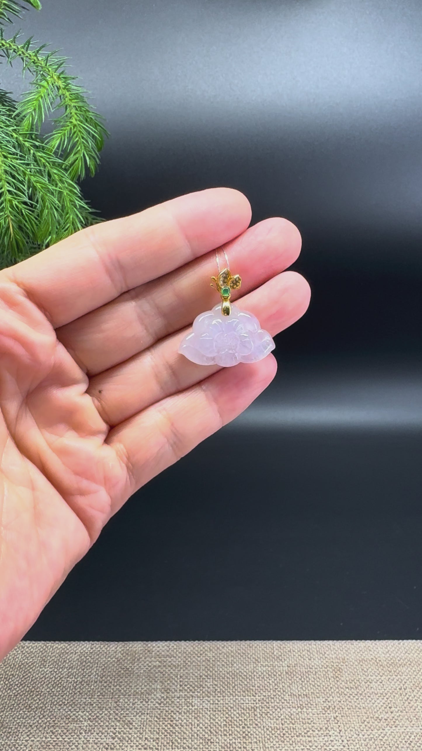 Natural 18K Yellow Gold Burmese Icy Pink Jadeite Jade Lotus Flower Pendant With Diamonds