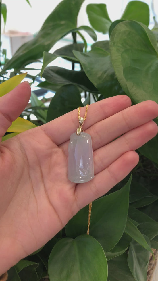 Load and play video in Gallery viewer, Genuine Light Lavender Jadeite Jade Good Luck Bamboo (Jie Jie Gao Sheng) Pendant Necklace With 14k Yellow Gold Bail
