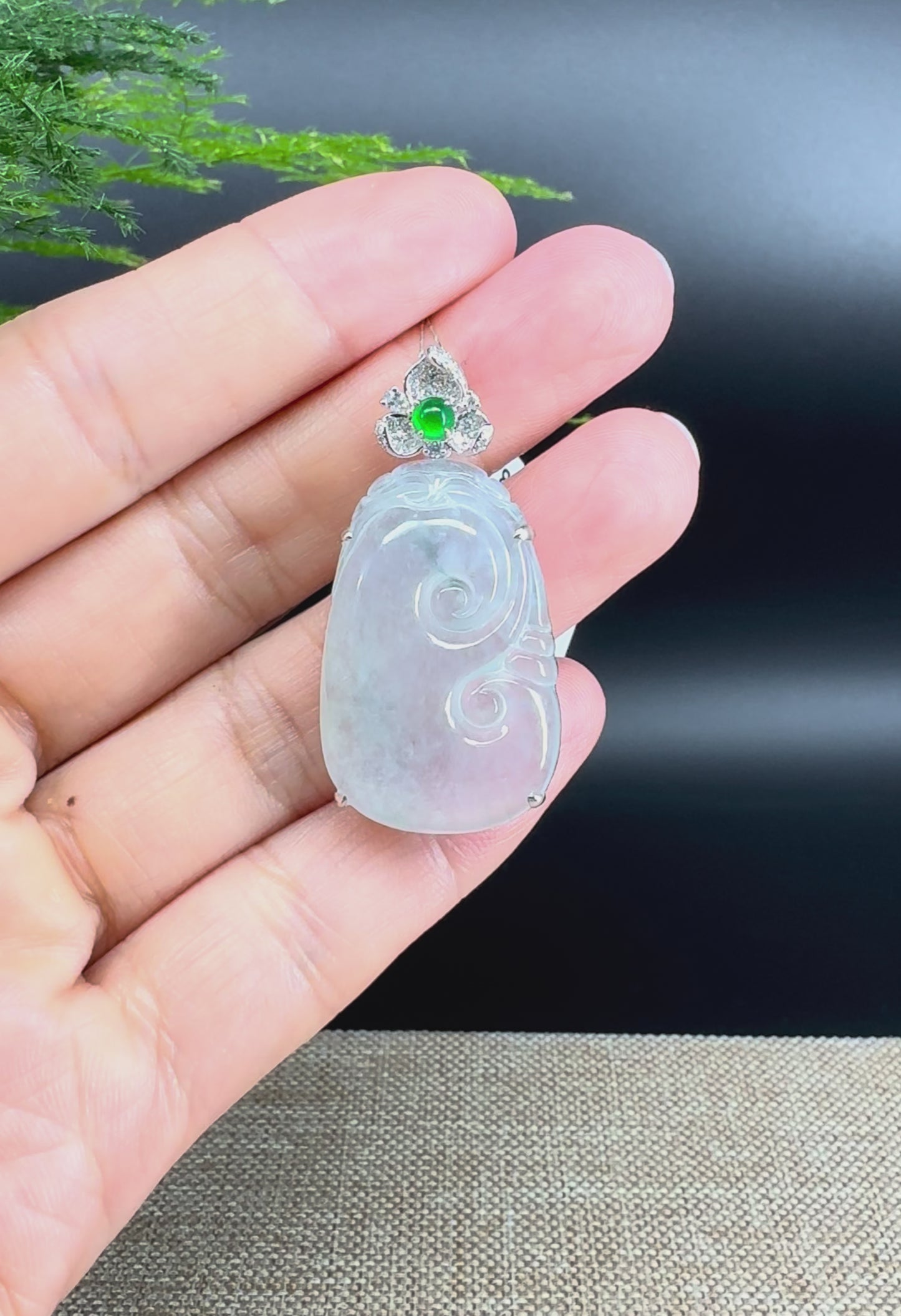 Load and play video in Gallery viewer, RealJade® Co. Genuine Burmese Icy Jadeite Jade Ru Yi Pendant with 18k White Gold Diamond Bail
