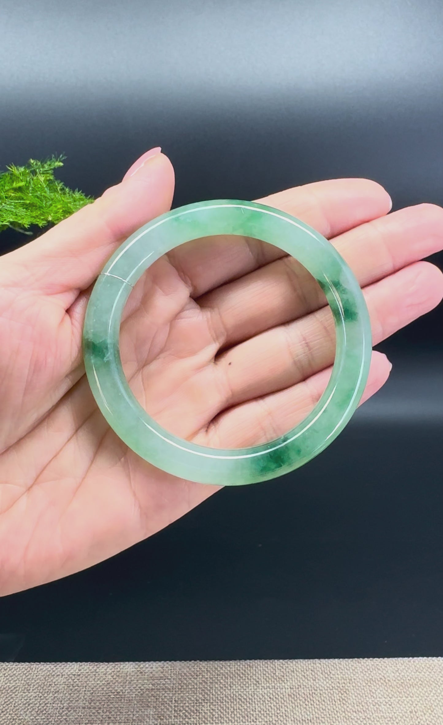 Load and play video in Gallery viewer, Genuine Burmese Oil Green Jade Jadeite Bangle Bracelet ( 53.6mm )
