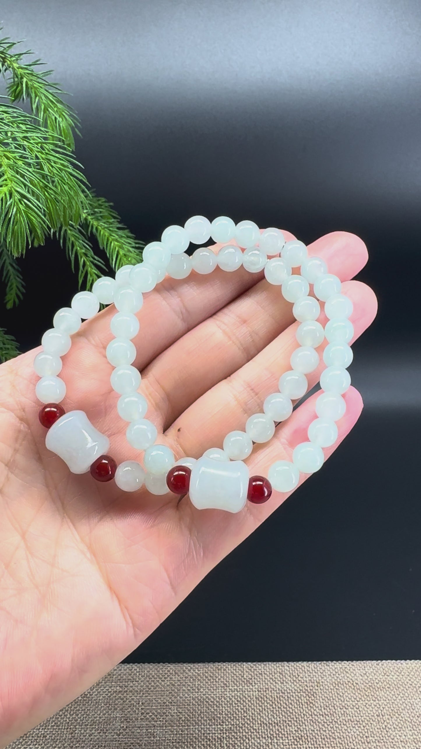 Load and play video in Gallery viewer, RealJade® Co. Genuine Light Green Jadeite Jade Round &amp;amp; Bamboo Beads Bracelet (7mm)
