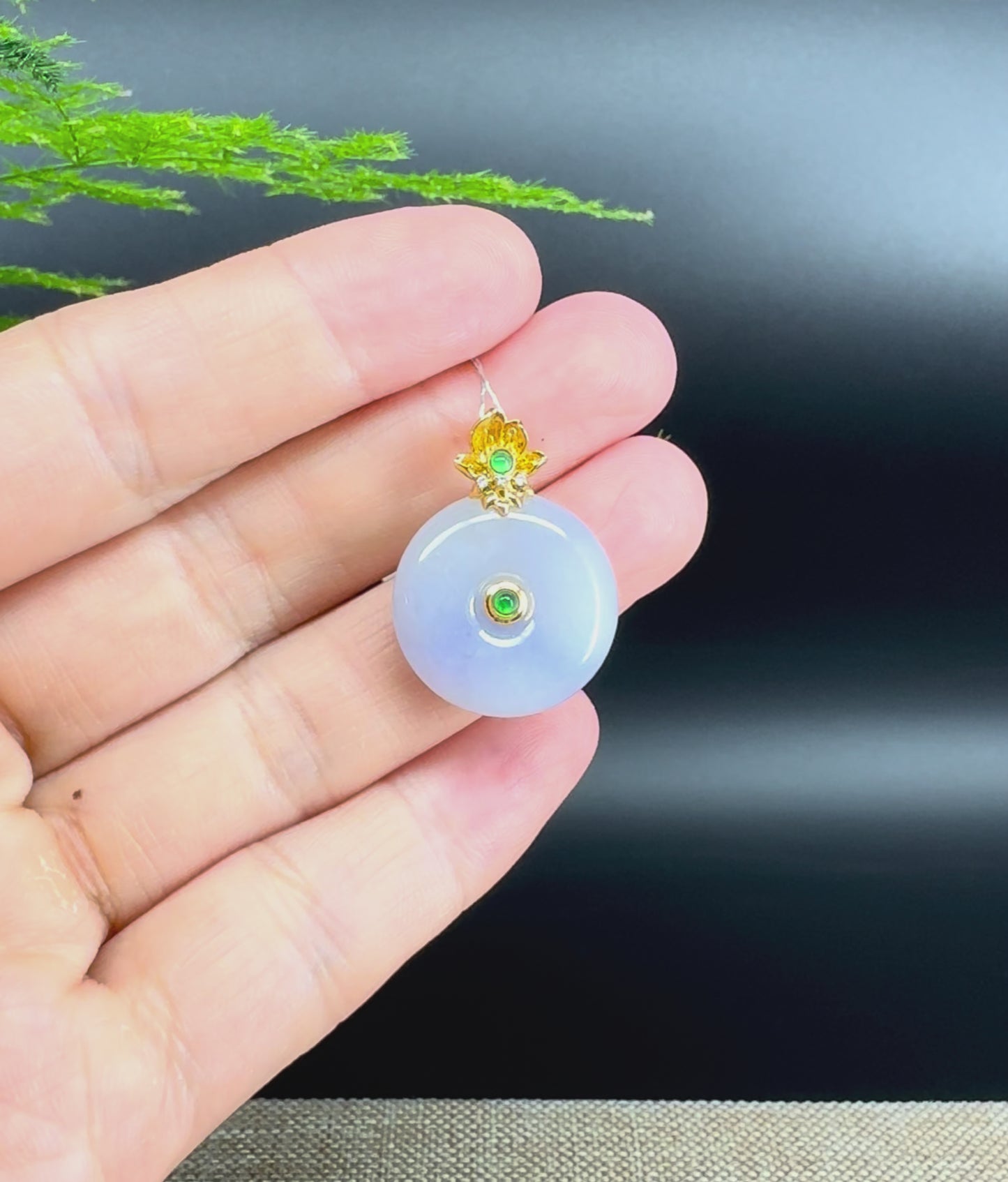 Load and play video in Gallery viewer, &amp;quot;Good Luck Button&amp;quot;Ice Lavender Jadeite Jade Lucky KouKou Pendant With 18K Yellow Gold Diamond Bail
