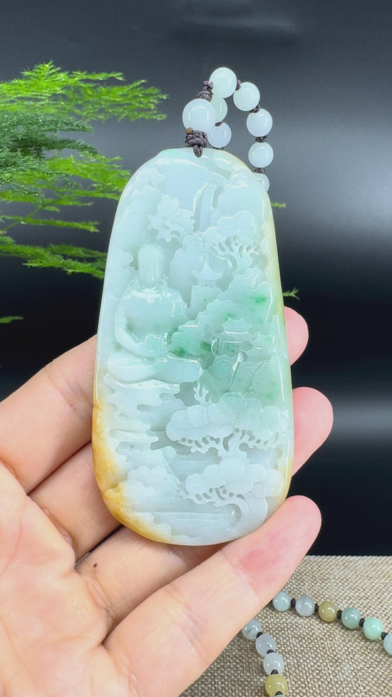 Load and play video in Gallery viewer, RealJade® Co.  Genuine Burmese Jadeite Jade Yellow Green Guanyin  Pendant Necklace
