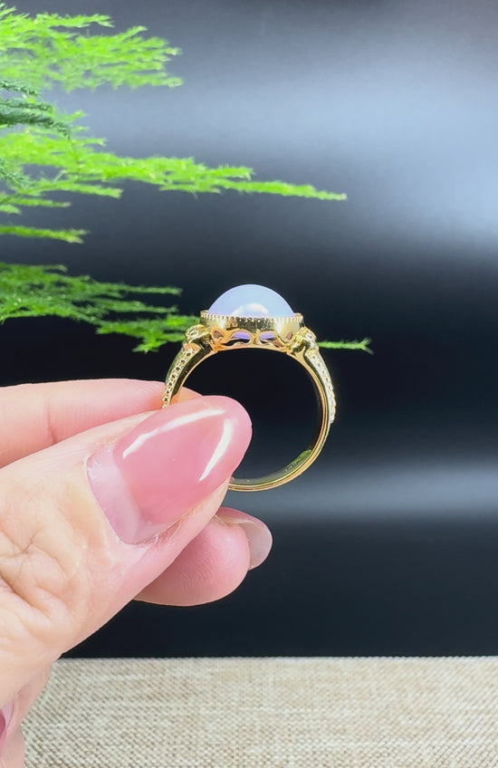 Load and play video in Gallery viewer, RealJade® &amp;quot;Signature Signet&amp;quot; 18K Yellow Gold Lavender Jadeite Jade Diamonds Classic Ring
