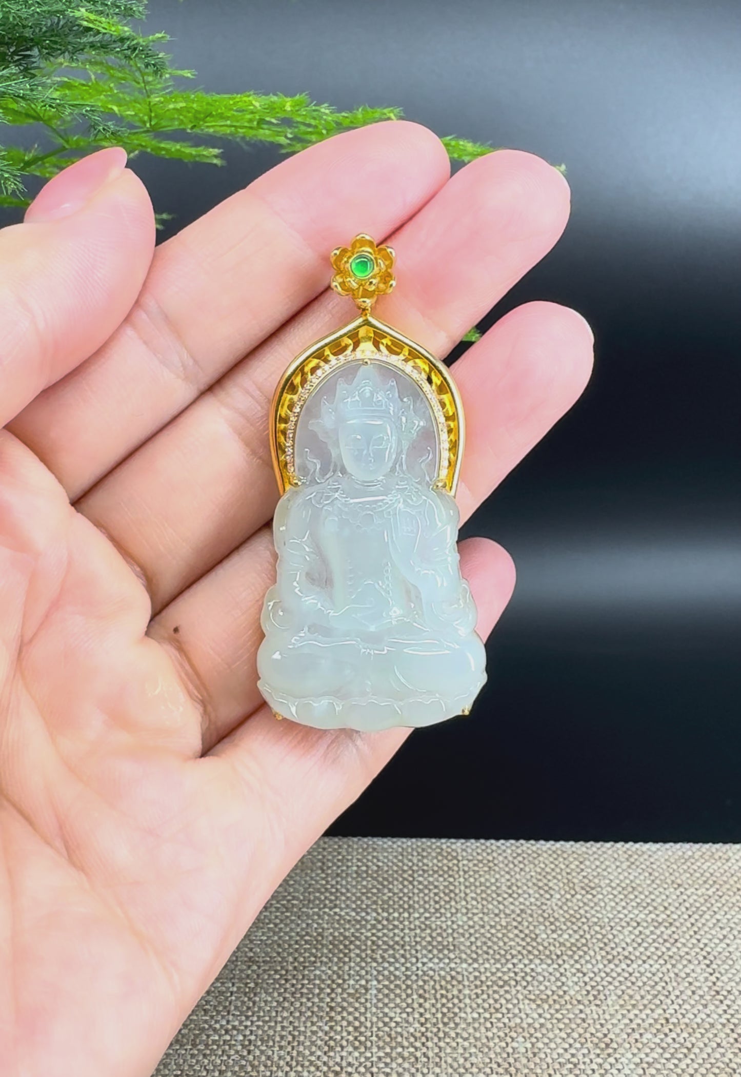 RealJade® 18K Yellow Gold Genuine Luxury Icy Jade Guanyin Pendant Necklace With Diamonds