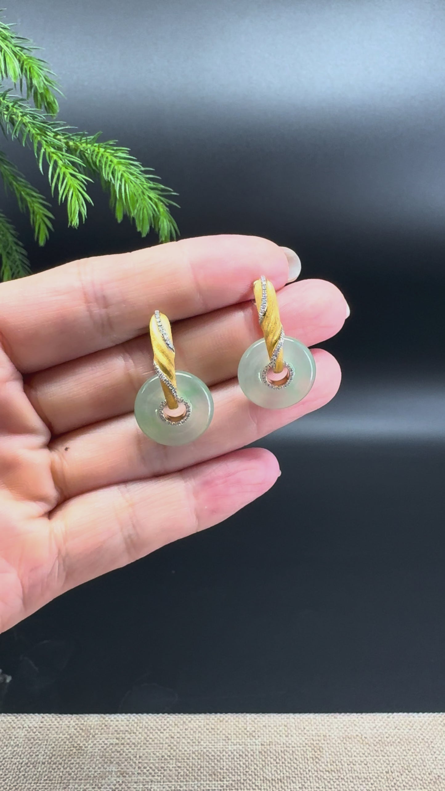Load and play video in Gallery viewer, 18k Yellow Gold Genuine Icy Green Koukou Jadeite Jade Diamonds Earrings
