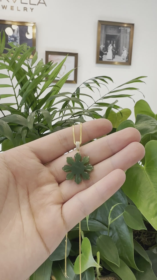 Load and play video in Gallery viewer, RealJade® Co. &amp;quot; Philippines sunflower&amp;quot; 14k Yellow Gold Genuine Nephrite Green Jade Pendant Necklace
