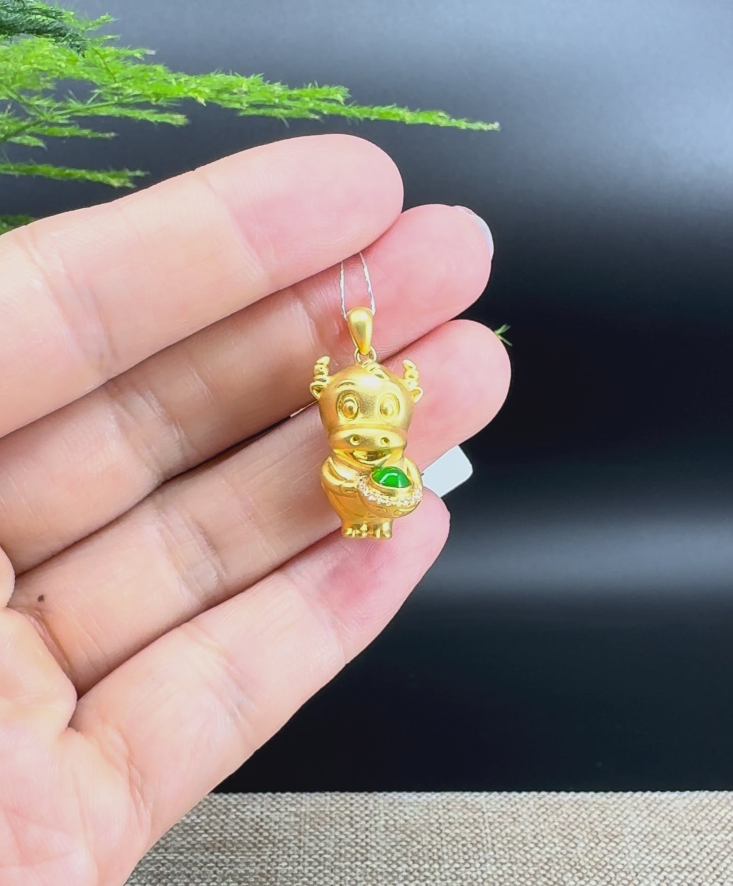 RealJade®  12 Zodiac: 18k Yellow Gold Ox Pendant Necklace with Green Imperial Jade & Diamonds