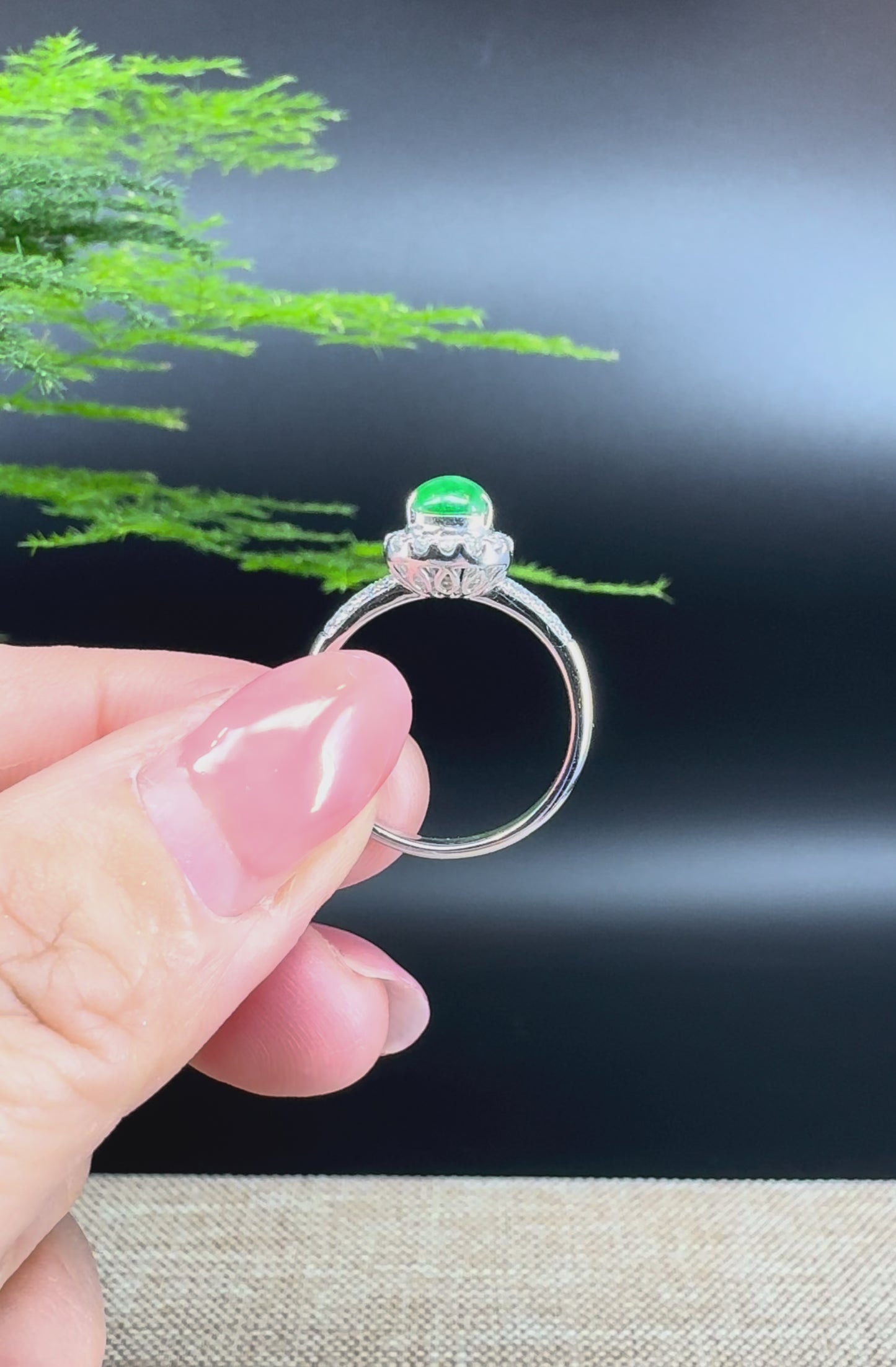 RealJade® "Amelie" 18k White Gold Natural Green Jadeite Hulu Ring With Diamonds